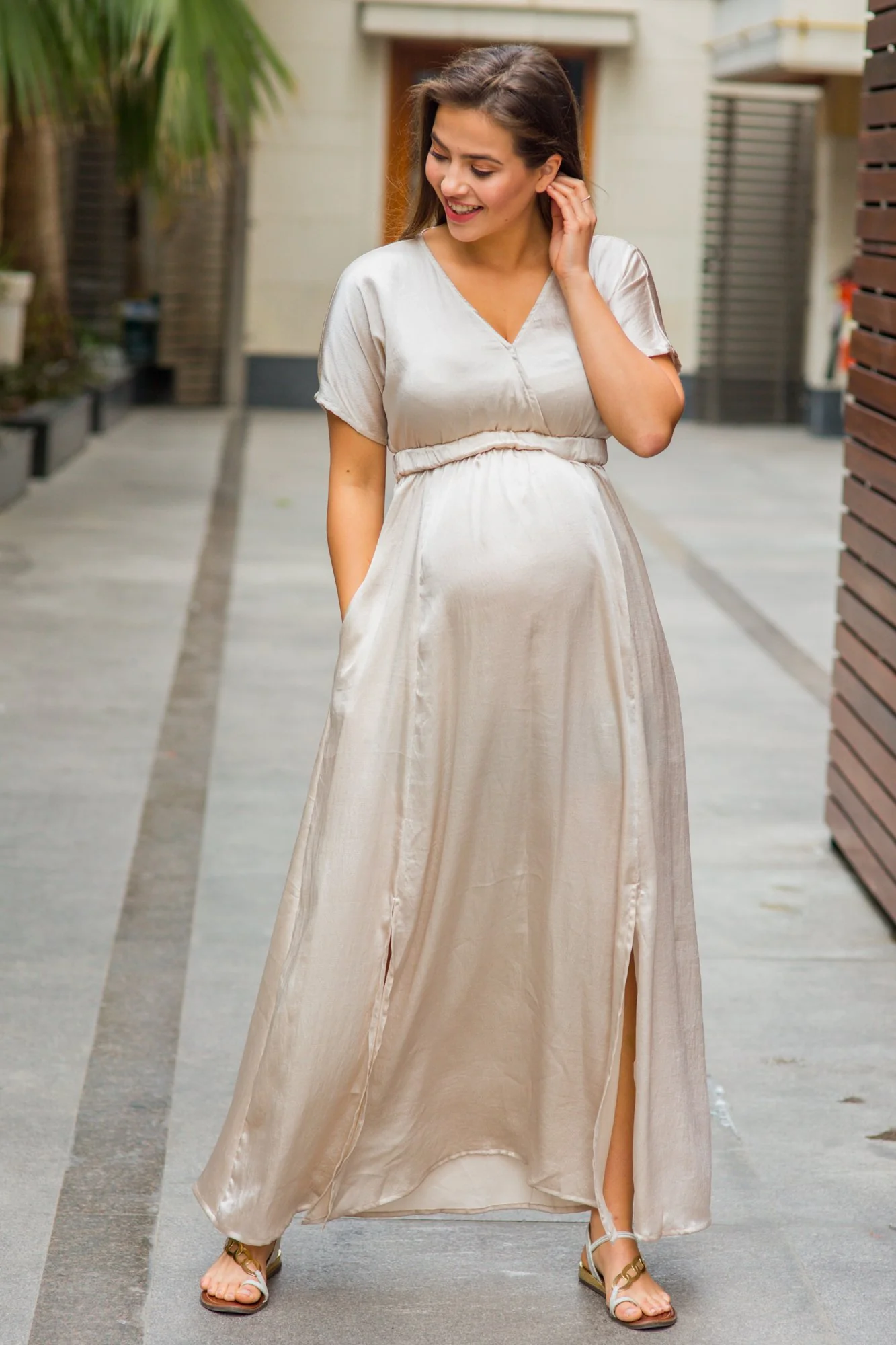 Elegant Pearl Split Hem Maternity & Nursing Dress - Chenance