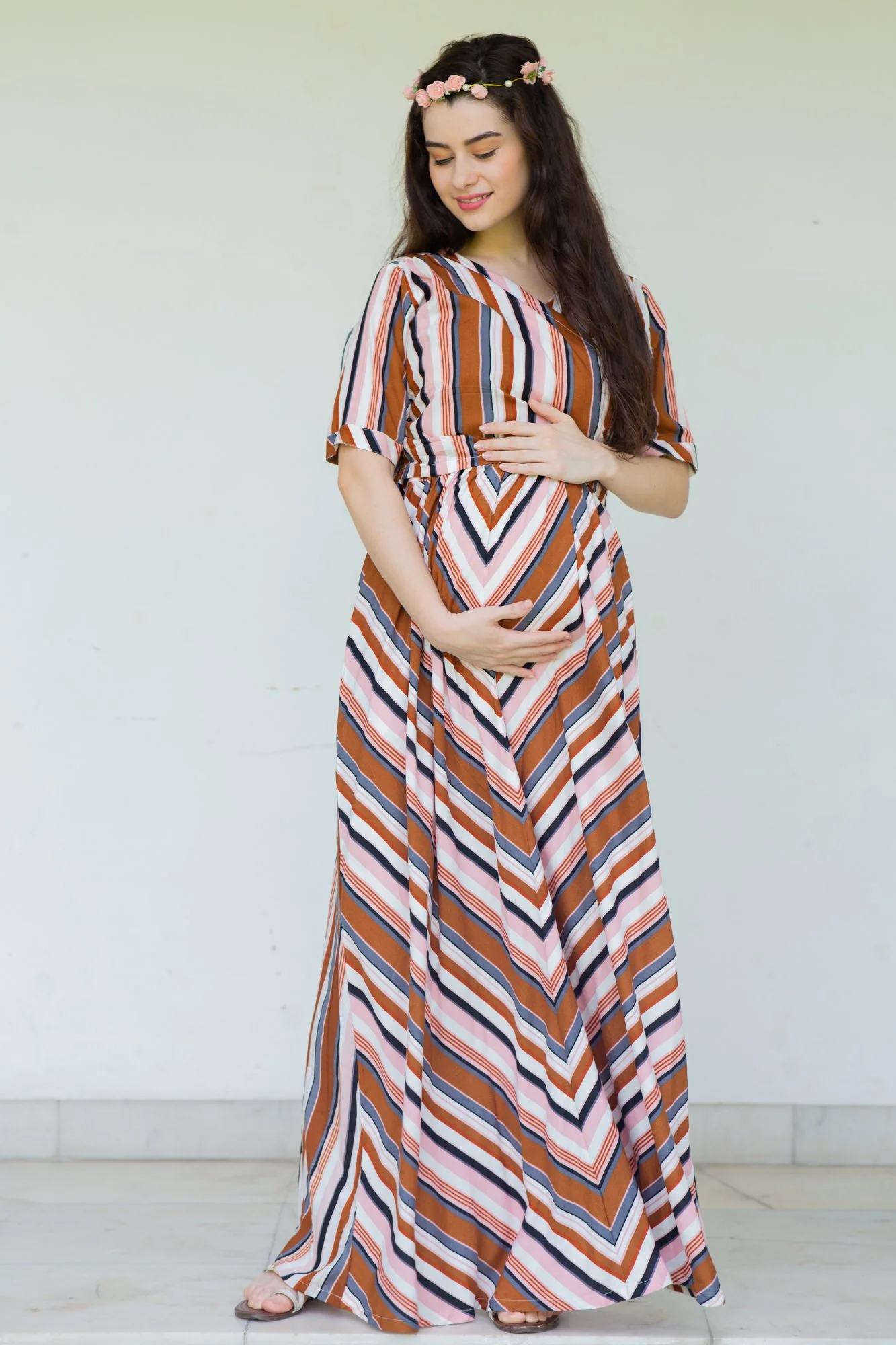 Rainbow Striped Maternity & Nursing Wrap Dress - Chenance