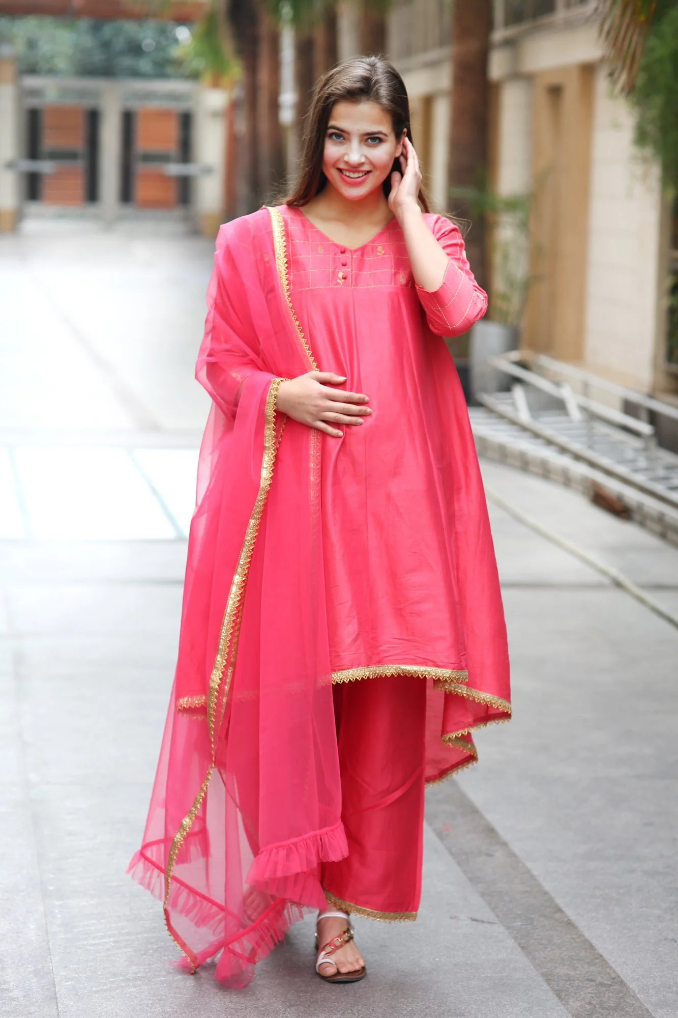 Premium Pink Chanderi Silk Gold Zari Maternity Suit Set (3 pc) - Chenance