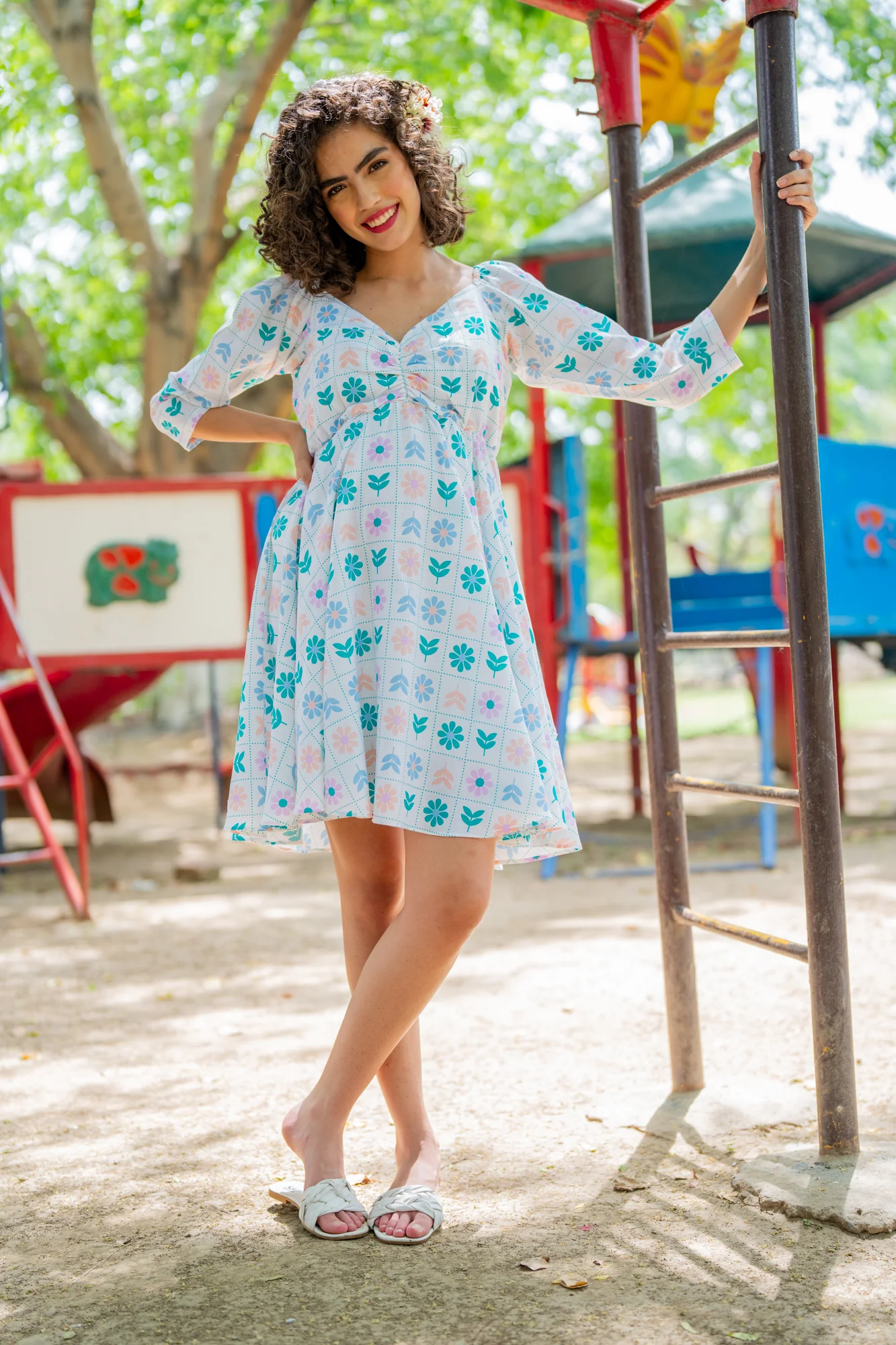 Soothing White Check Floral Maternity Knee Dress (100% Cotton) - Chenance