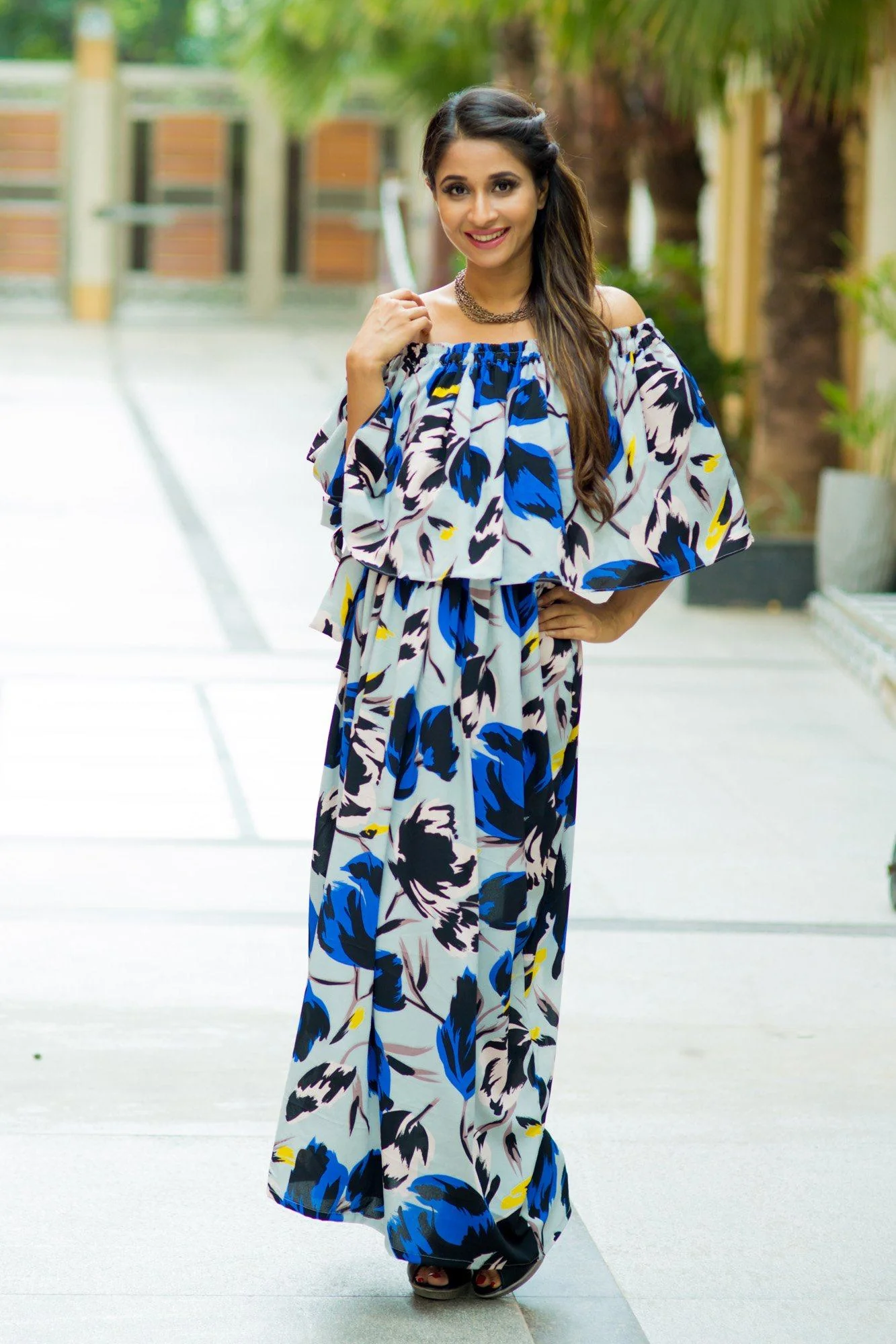 Blue Peach Floral Off-Shoulder Maternity Maxi Dress - Chenance