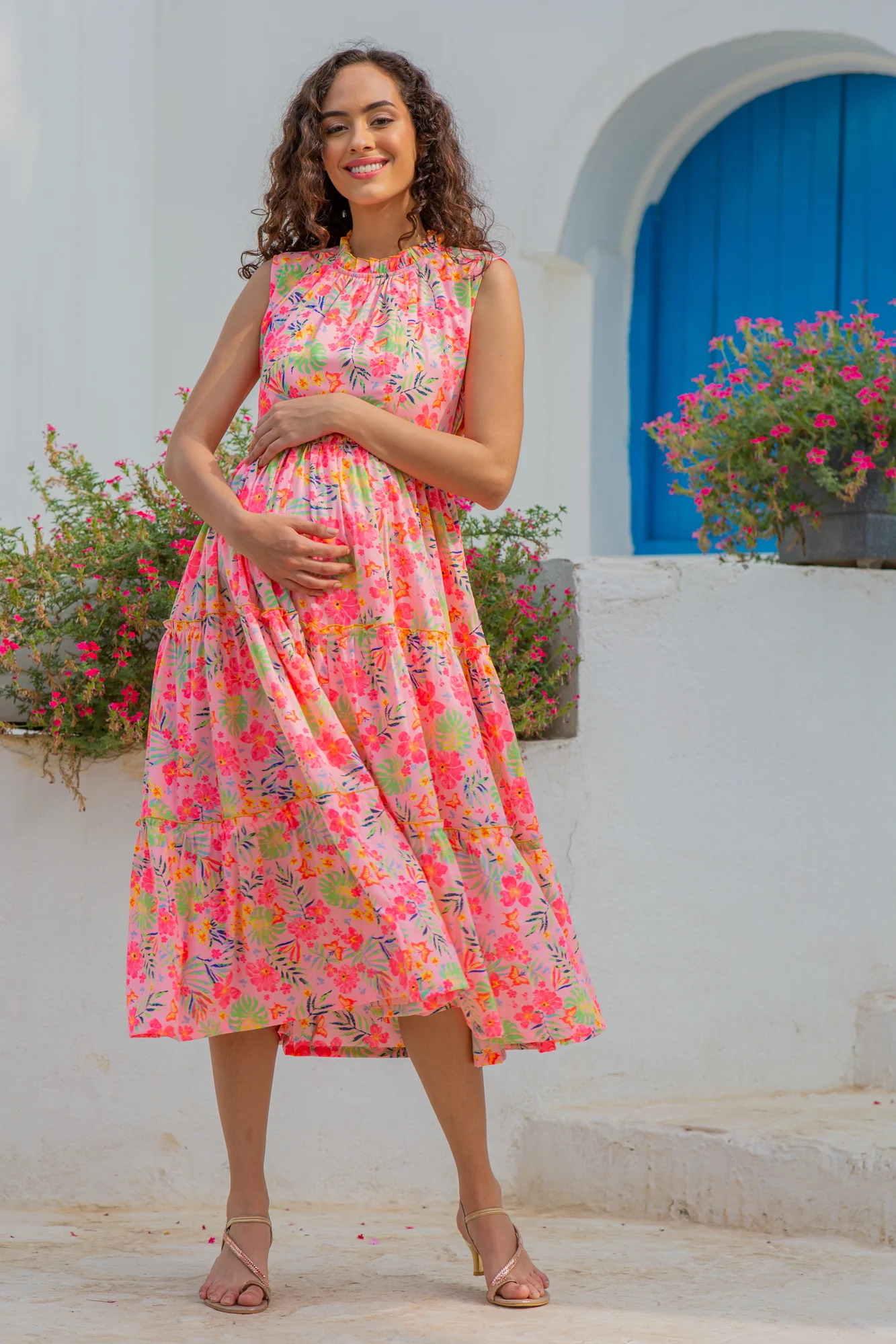 Breezy Satin Rose Pink Maternity & Nursing Concealed Zips Frill Dress - Chenance