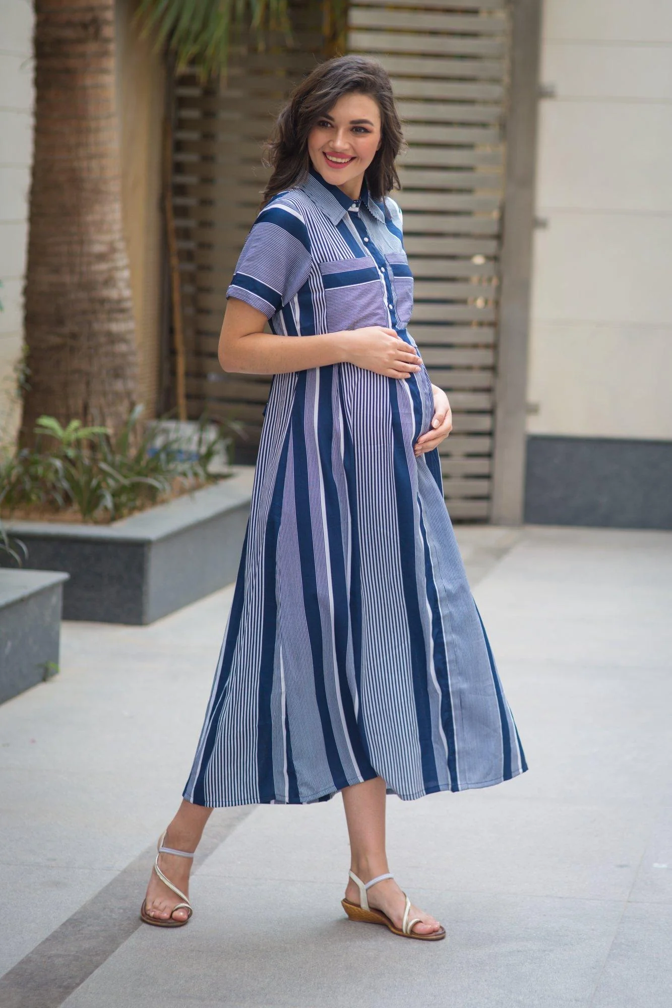 Alum Striped Nursing Crepe Dress - Chenance