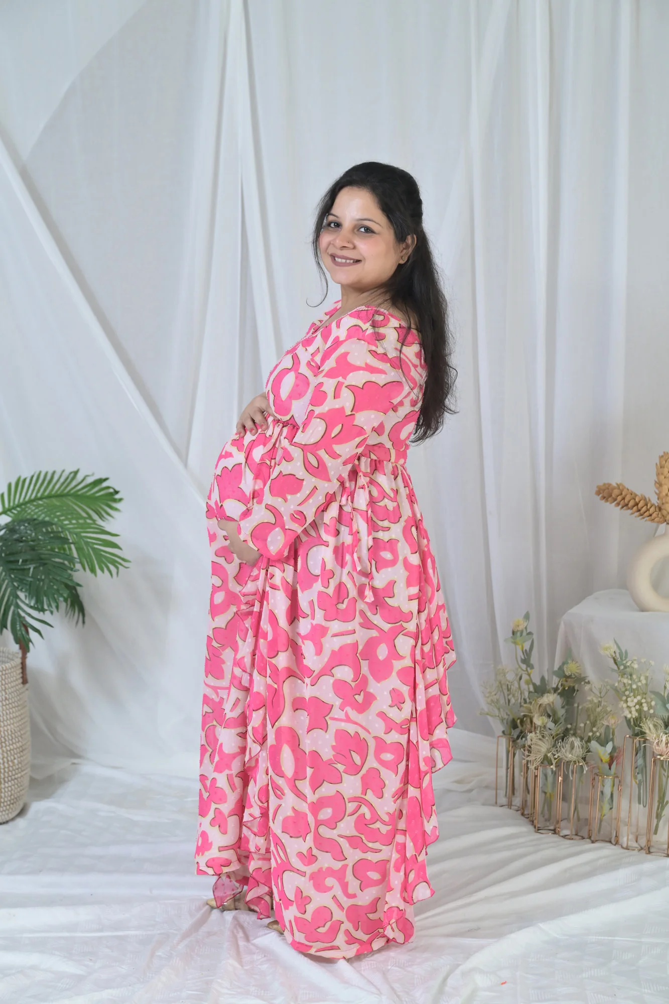 Jolly Pink Floral Maternity Flow Dress - Chenance