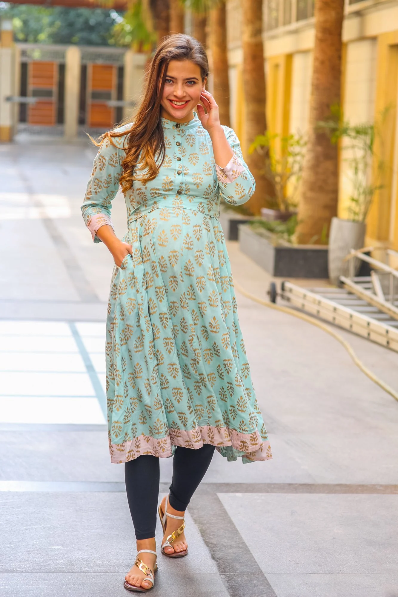 Mint Blue Gold Block Print Silk Maternity & Nursing Kurta - Chenance