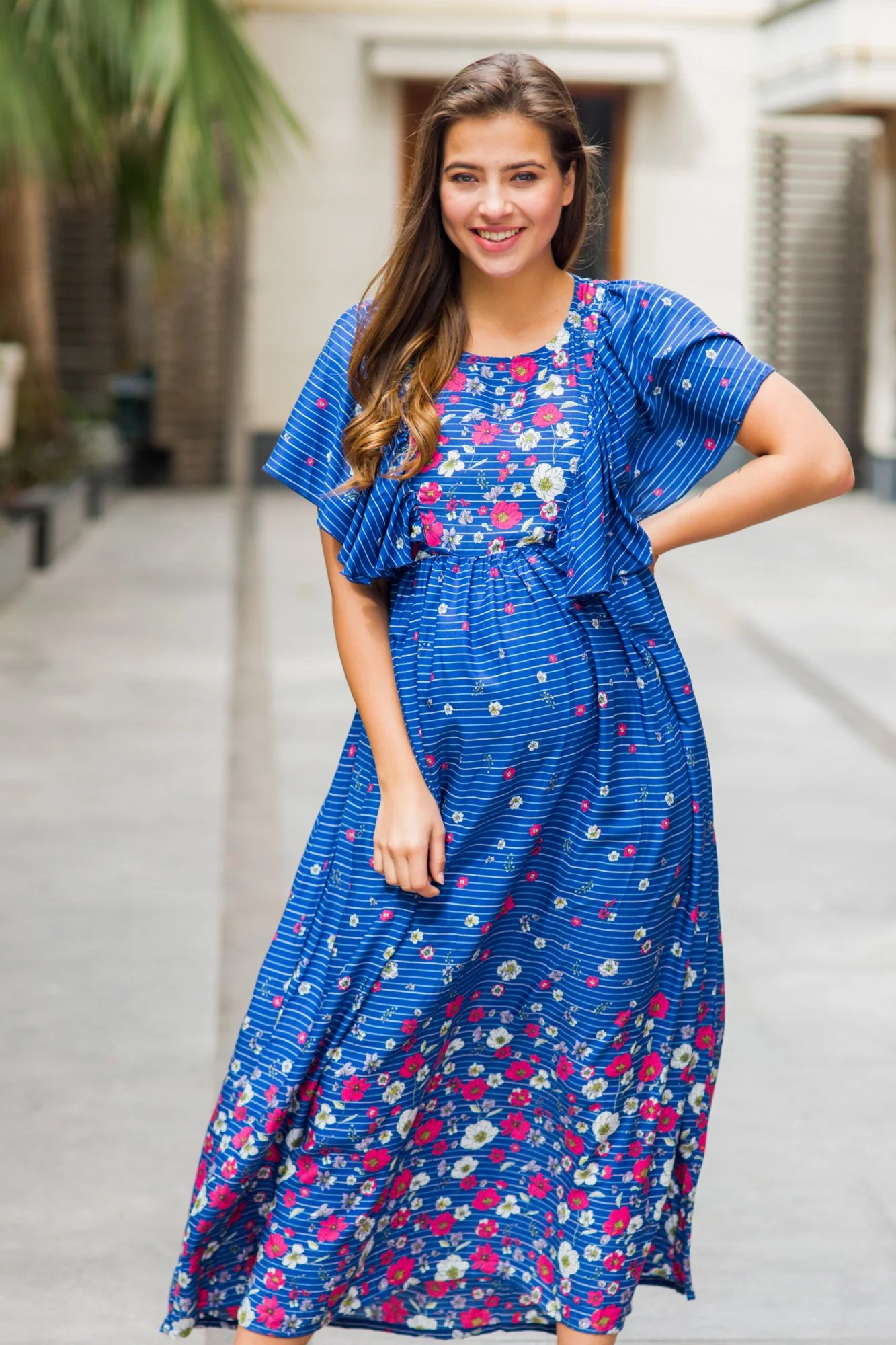 Celeste Blue Floral Maternity & Nursing Flap Dress - Chenance