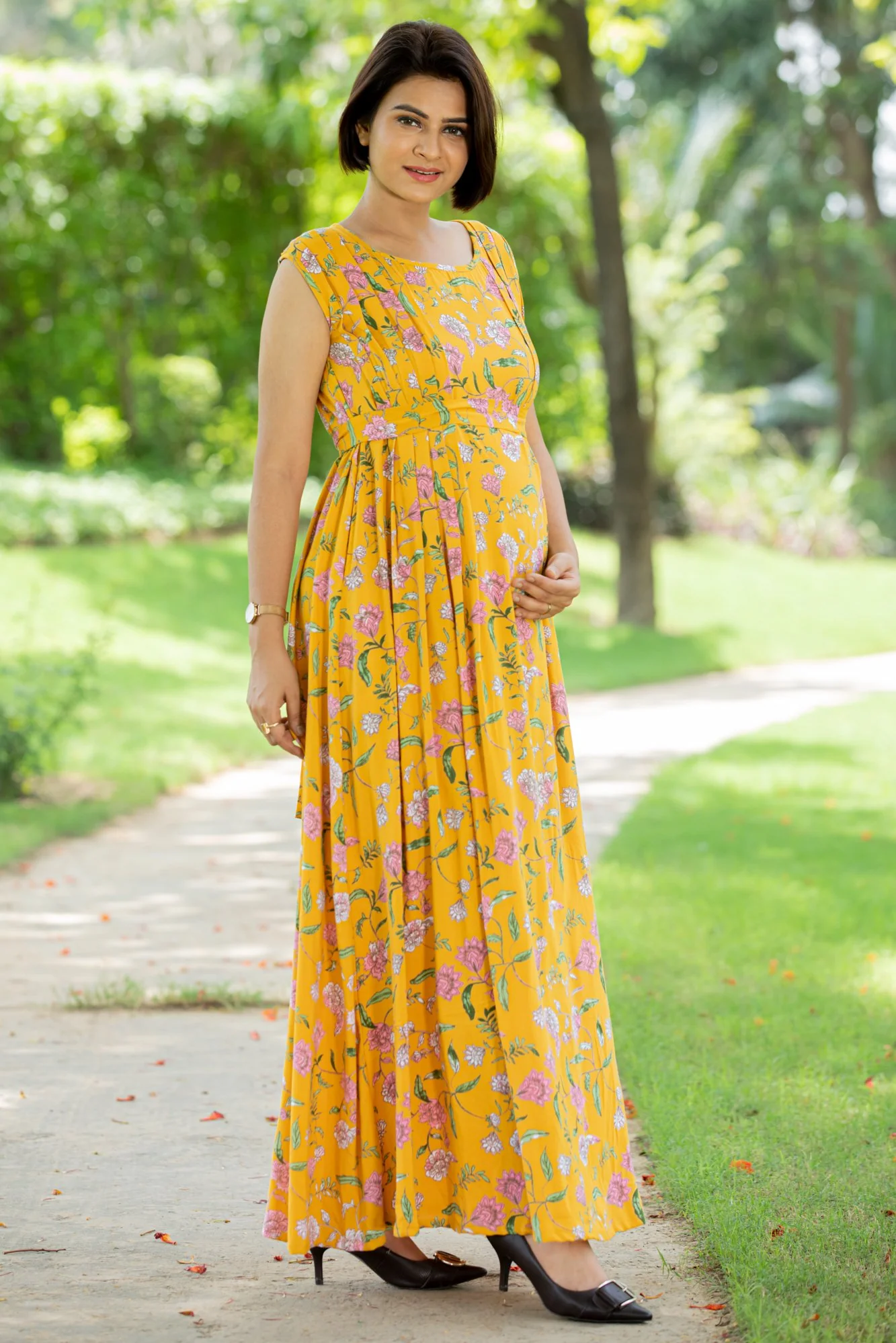 Yellow Lilly Pintucks Concealed Zips Dress - Chenance