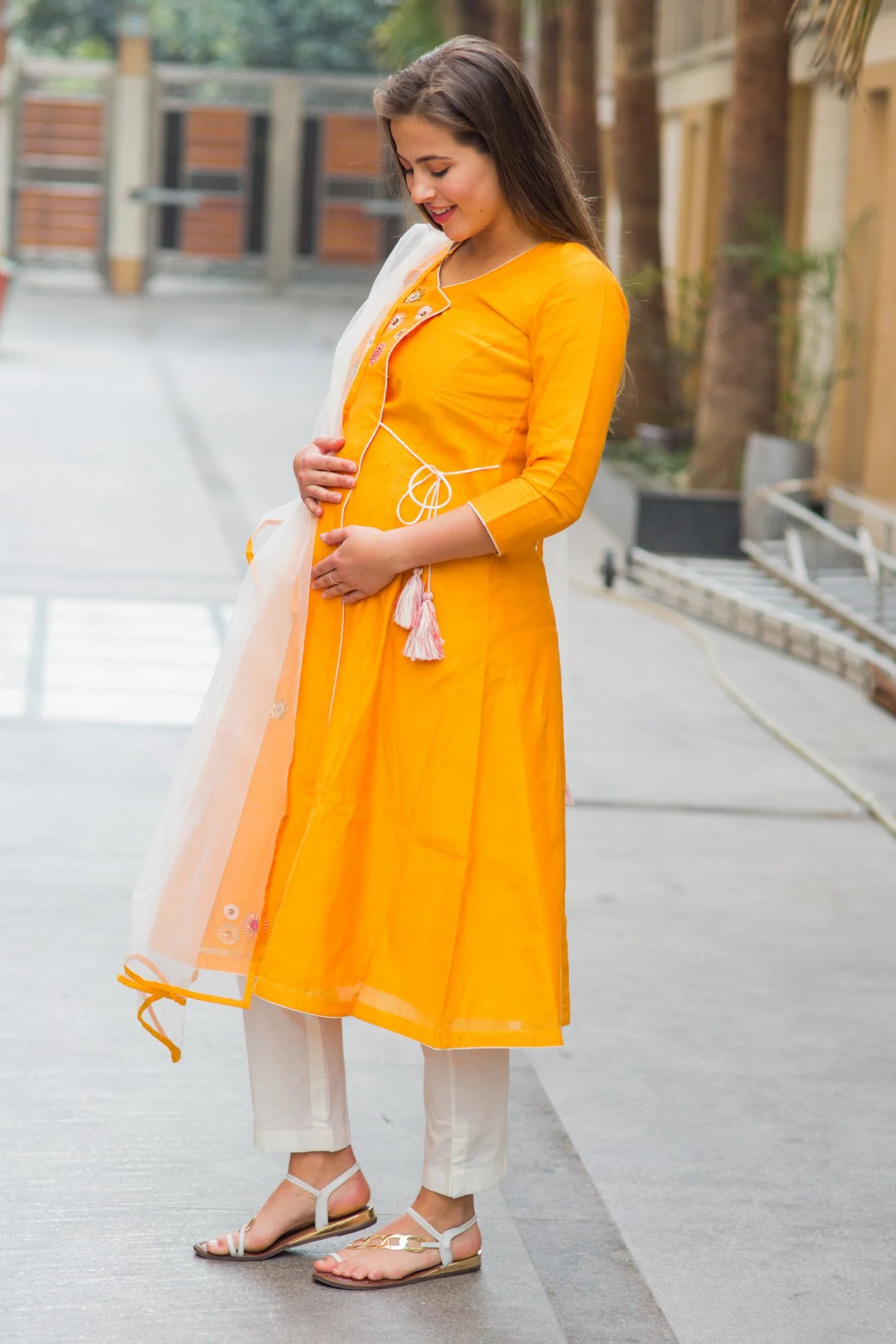 Premium Orange Chanderi Silk Flower Gold Zari Maternity Suit Set (3 pc) - Chenance