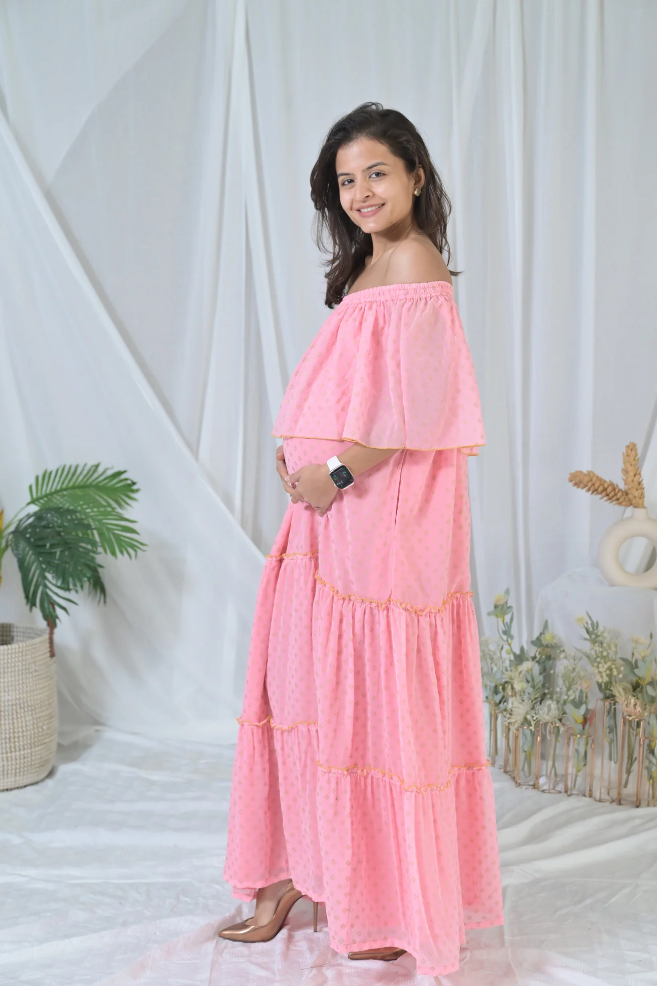 Elegant Peach Love Off-Shoulder Maternity Maxi Dress - Chenance