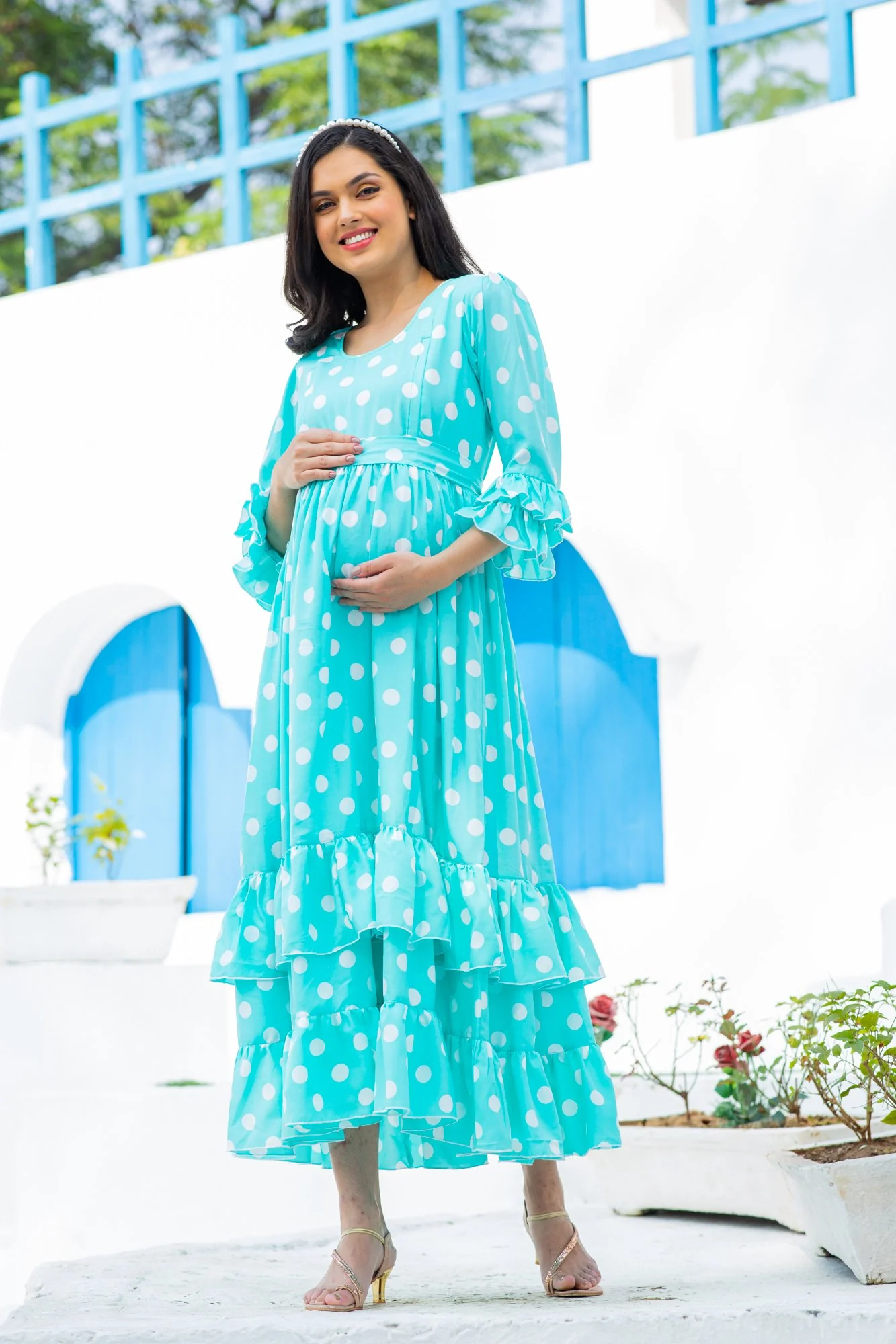 Classic Turquoise Polka Maternity & Nursing Frill Dress - Chenance