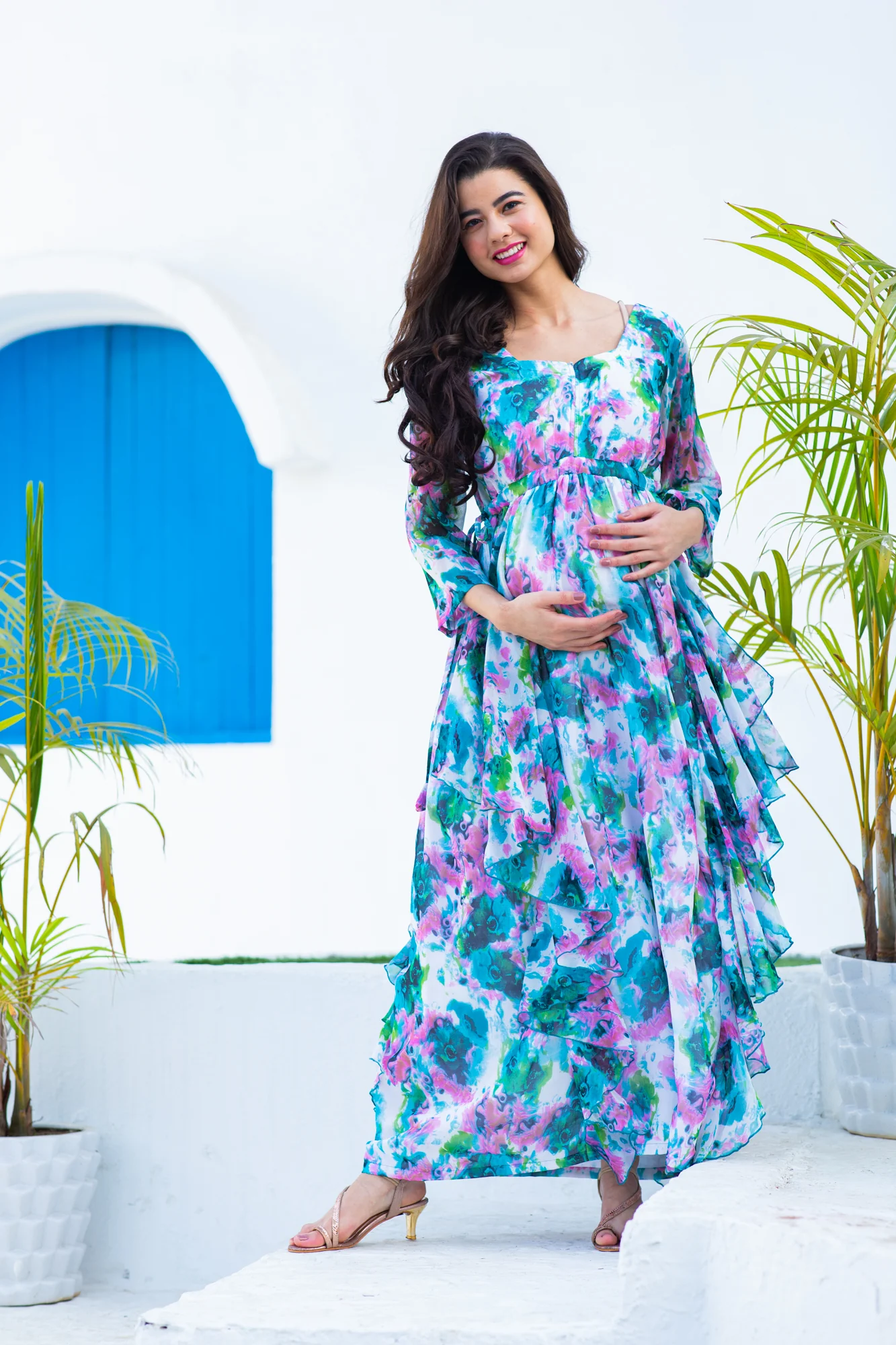 Luxe Vibrant Cascading Floral Maternity & Nursing Flow Dress - Chenance