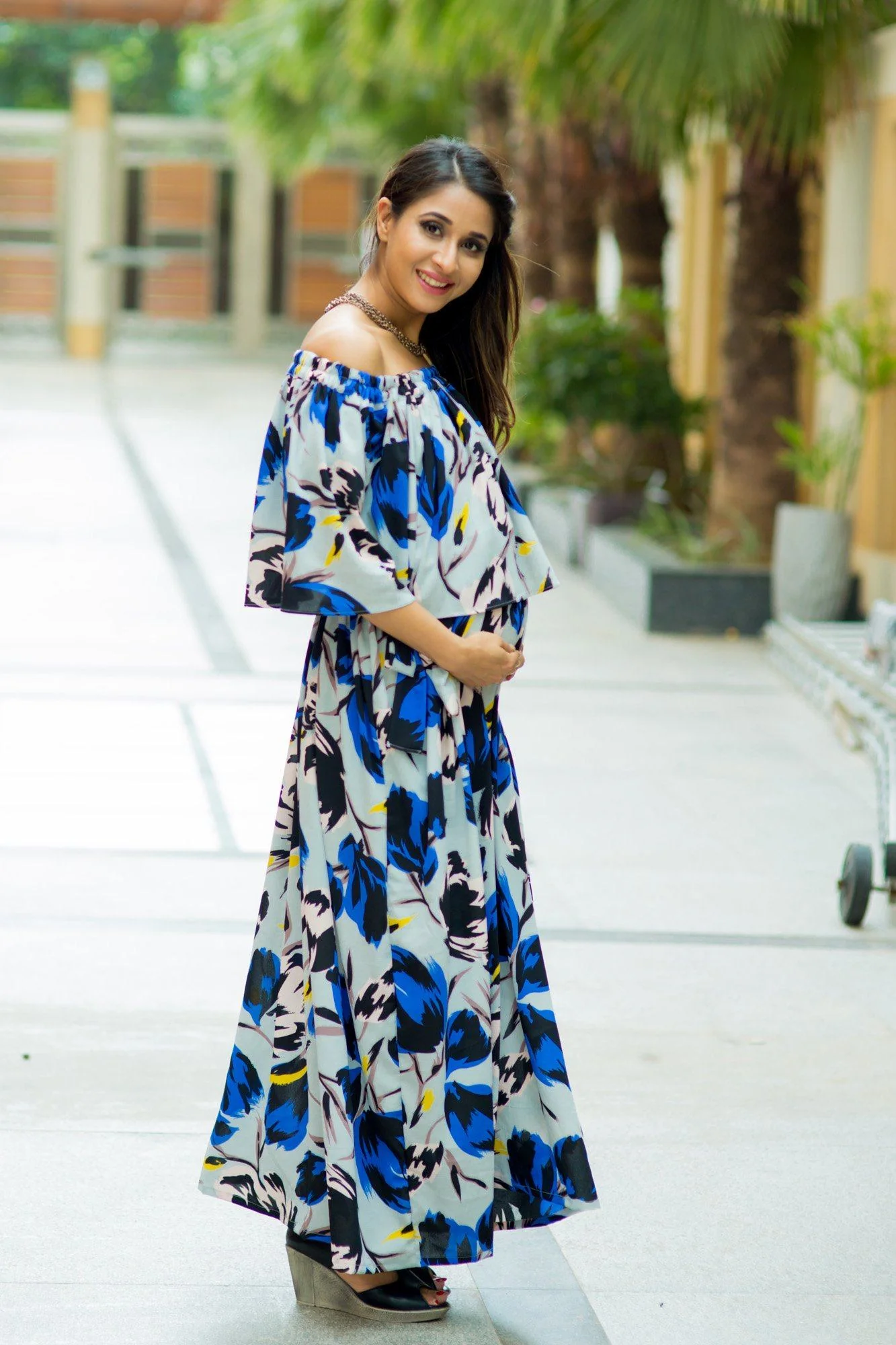 Blue Peach Floral Off-Shoulder Maternity Maxi Dress - Chenance