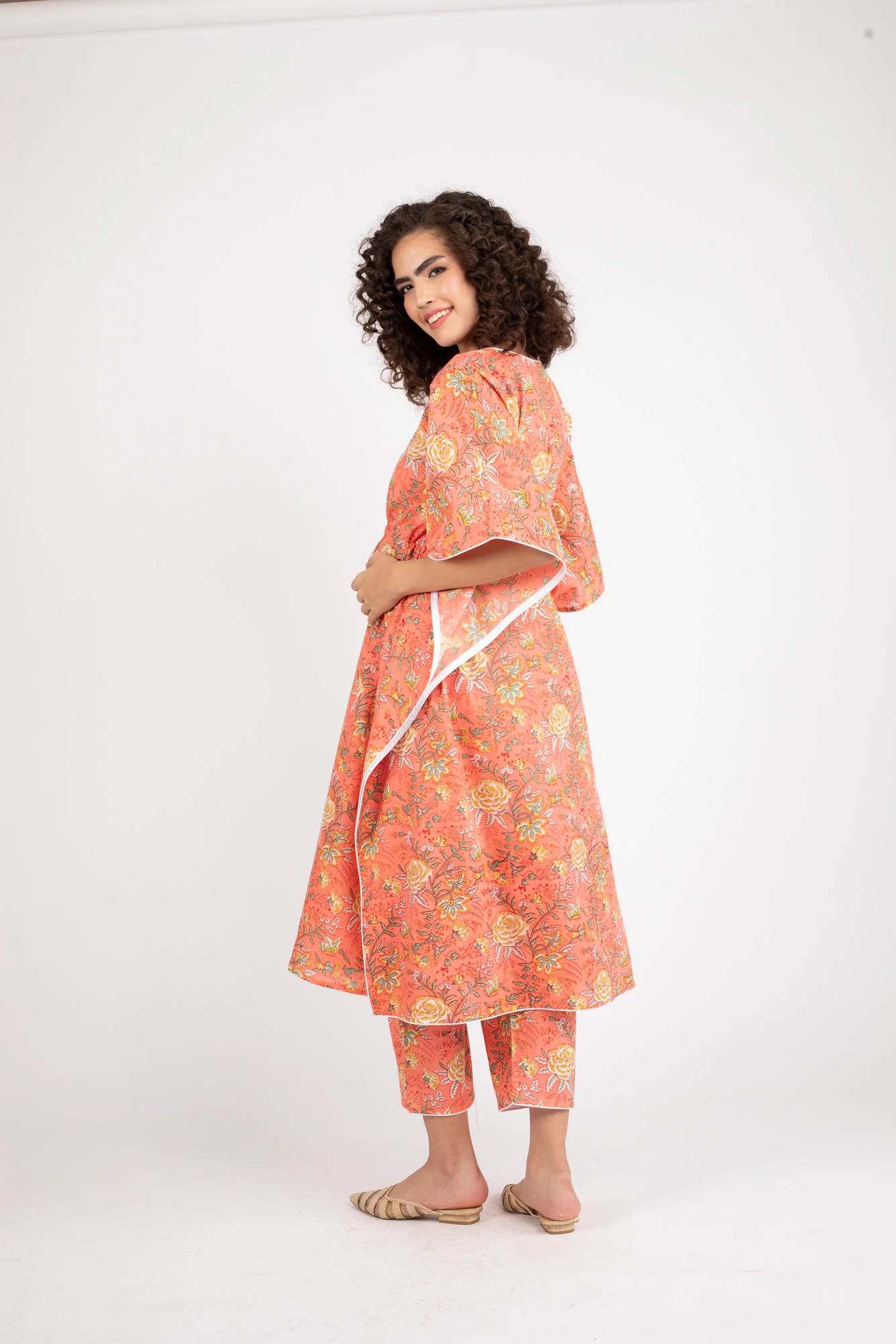 Luxe Tangerine Red Maternity Lounge Kaftan Set (2 pc) (100% Cotton) - Chenance