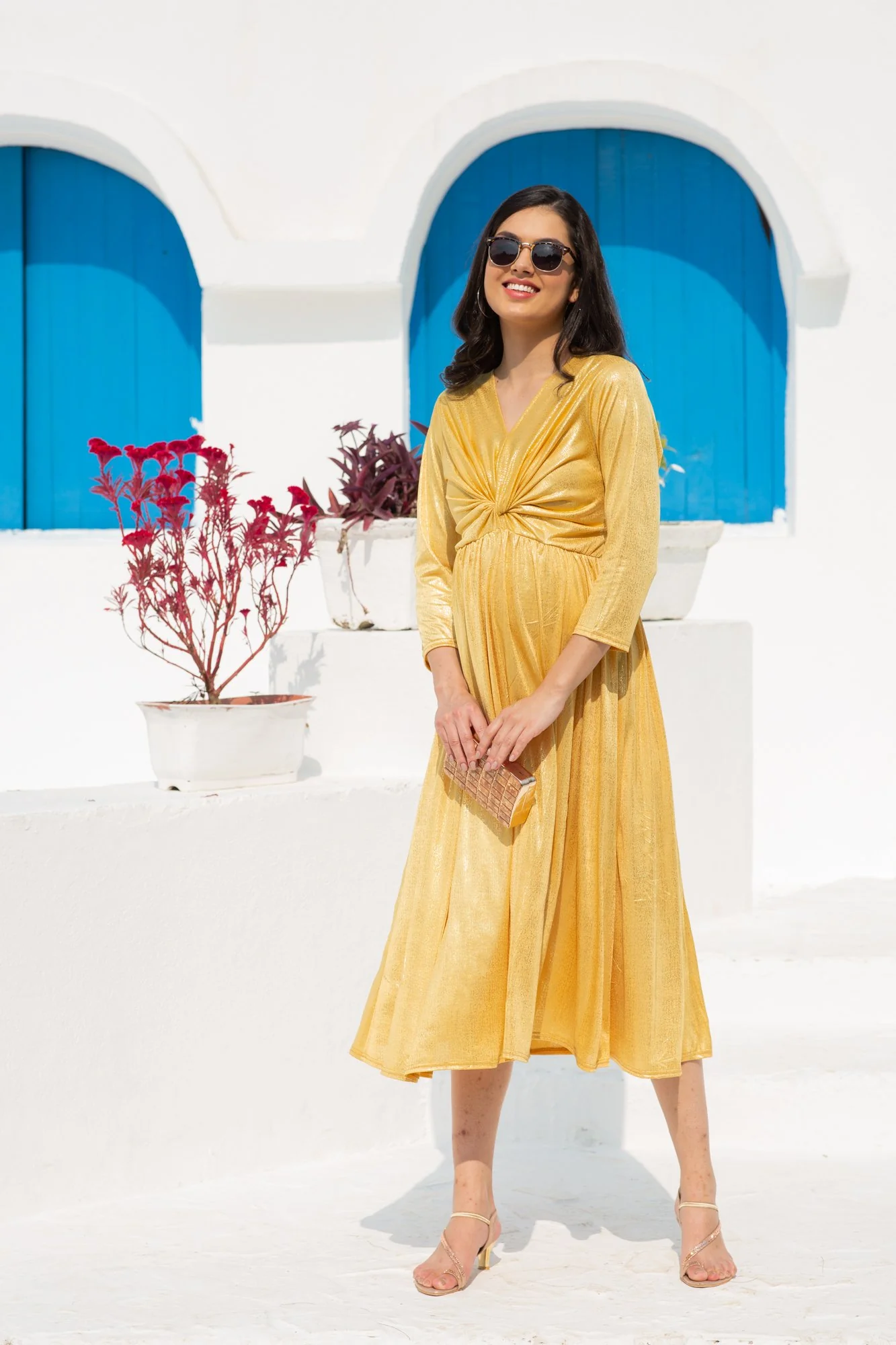 Luxe Royal Shimmer Gold Front Knot Lycra Maternity Dress - Chenance