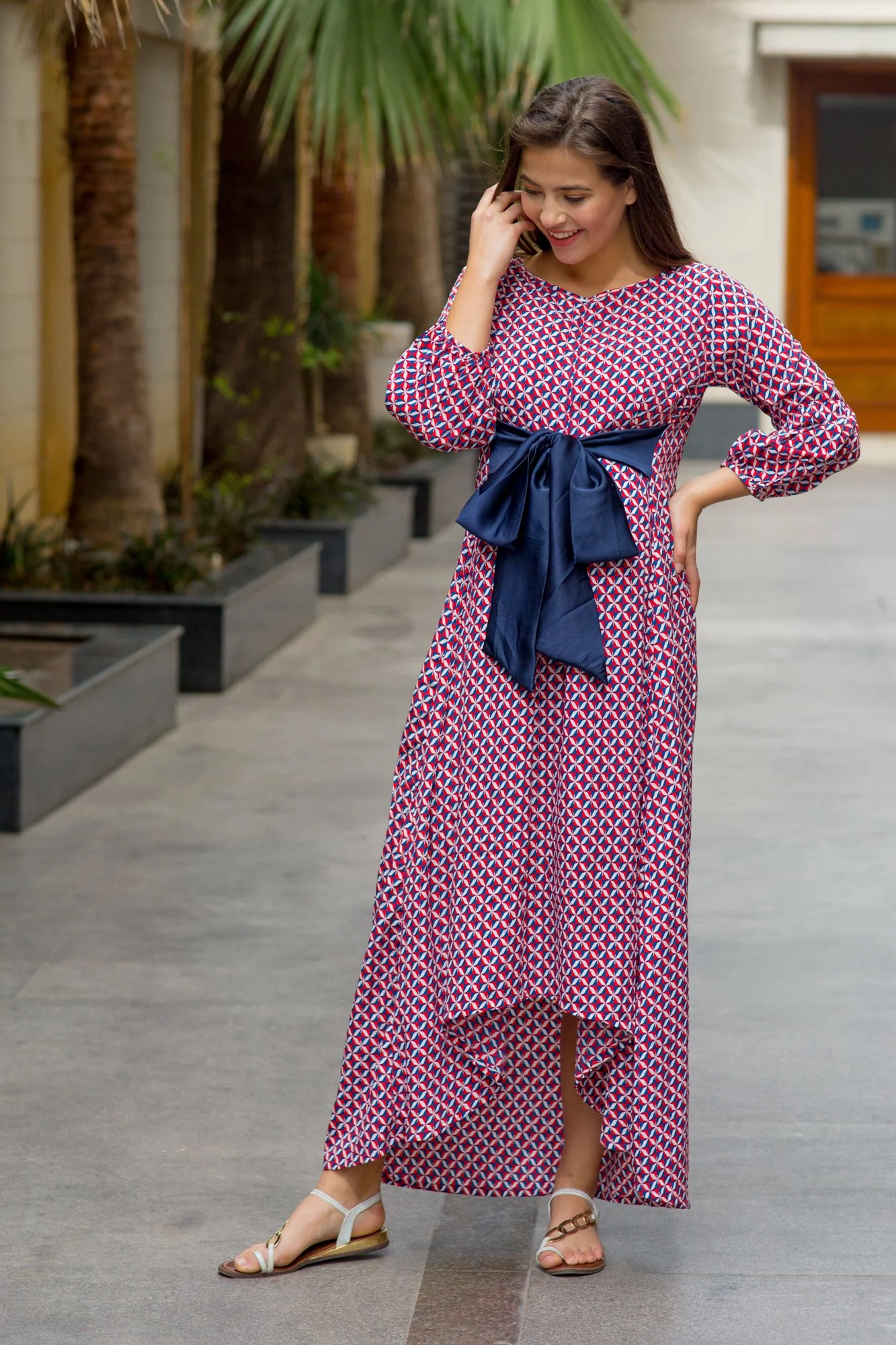 Classic Dual Red Front Bow High-Low Maternity & Nursing Dress - Chenance