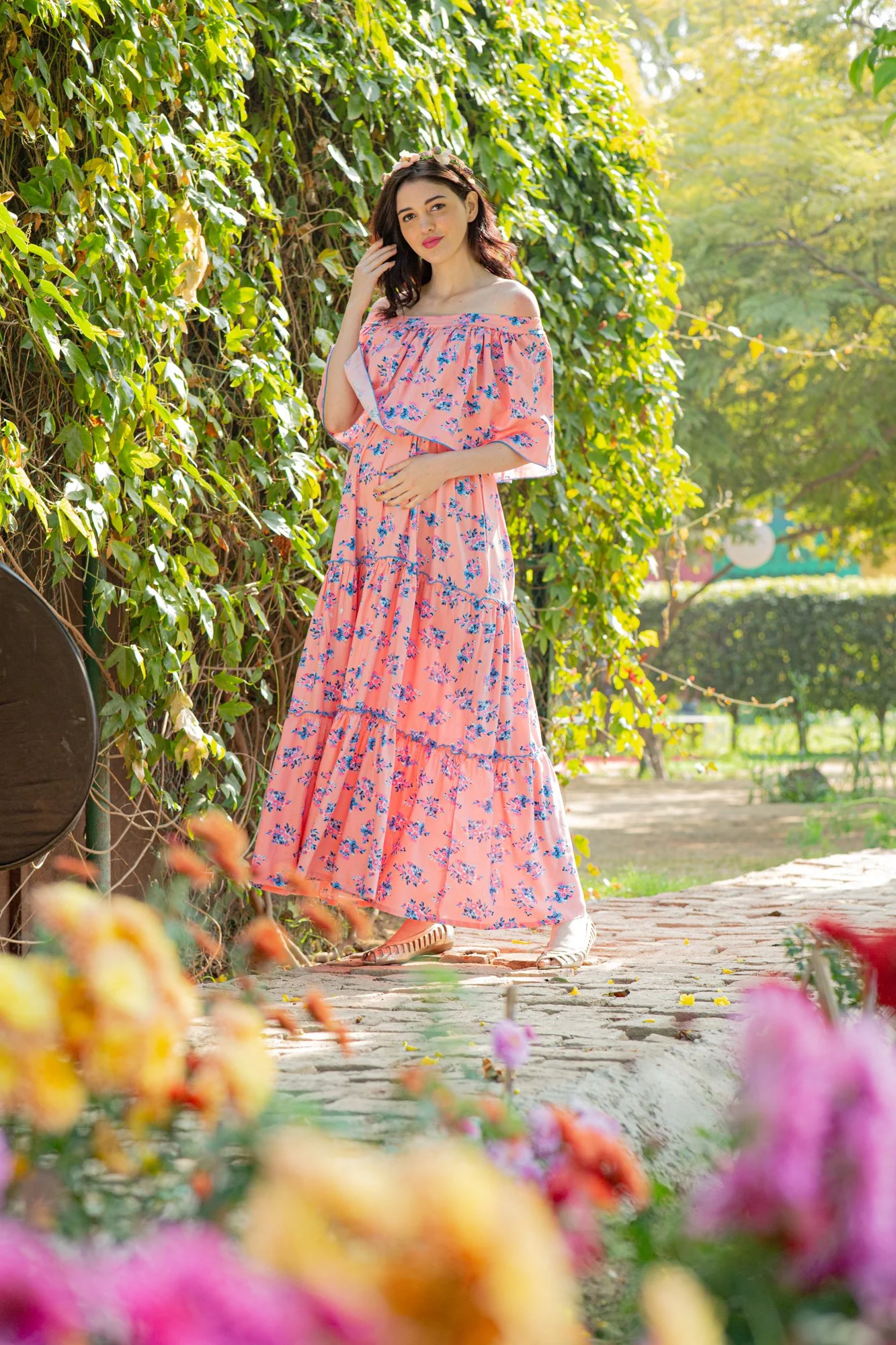 Botanical Pink Off-Shoulder Maternity Maxi Dress - Chenance
