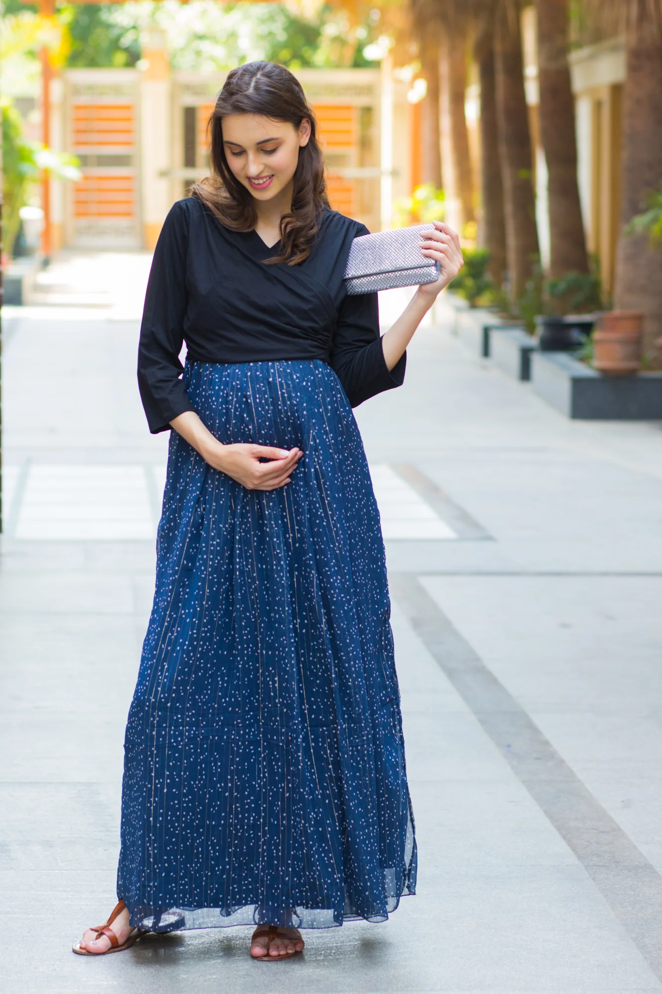 Luxe Blue Chiffon Black Maternity & Nursing Wrap Dress - Chenance