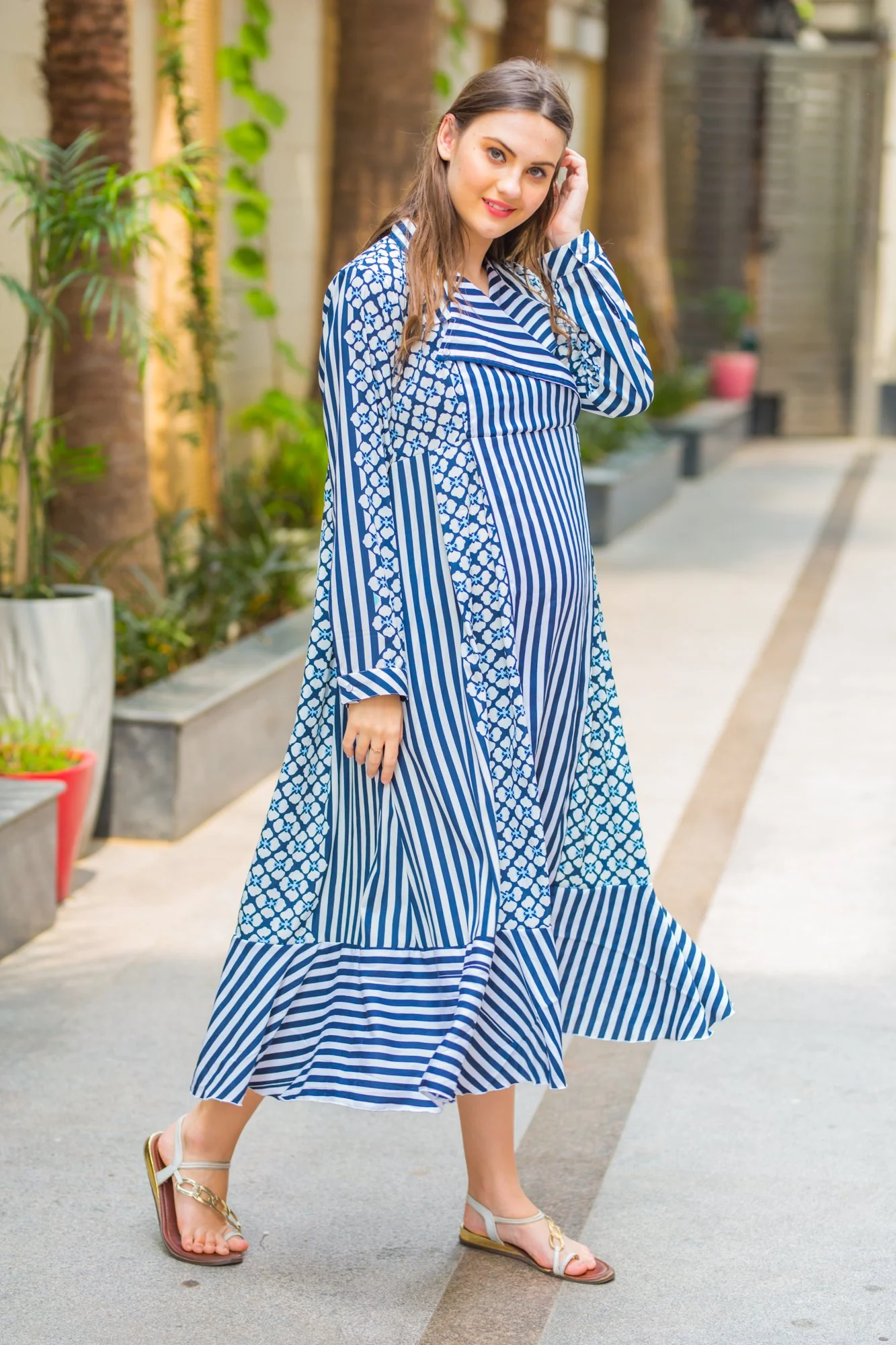 Indigo Striped Maternity and Nursing Maxi Dress - Chenance