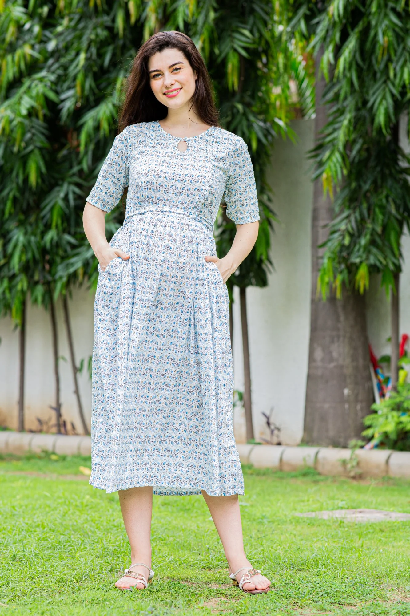 Chandelier White Concealed Zips Maternity & Nursing Kurta Dress - Chenance