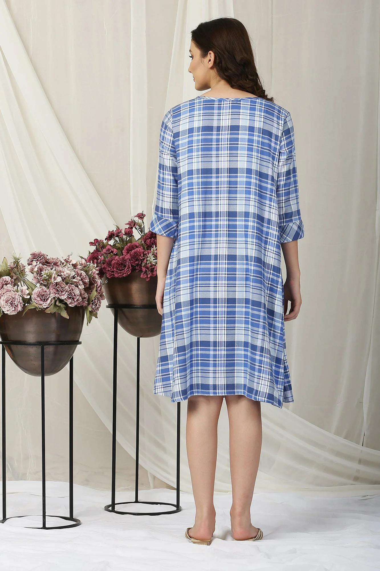 Blue Checks Maternity & Nursing Pintuck Dress - Chenance