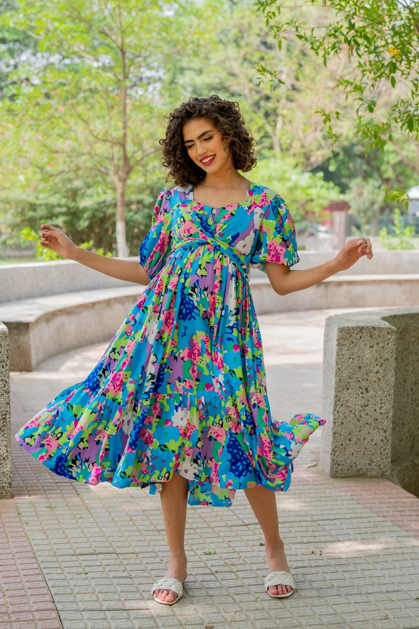 Charming Blue Blossom Maternity Knot Dress - Chenance