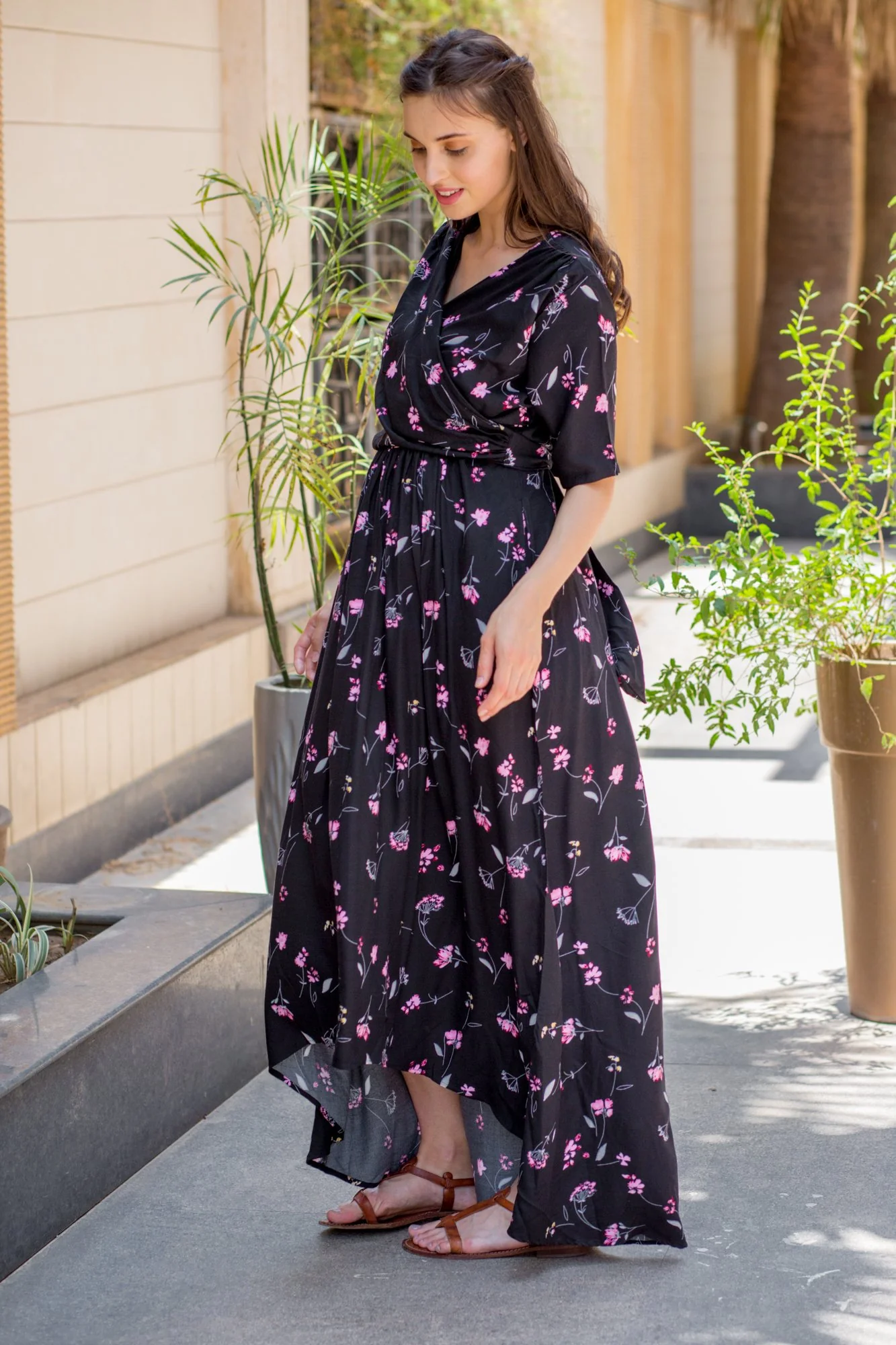 Midnight Floral High-Low Maternity & Nursing Wrap Dress - Chenance