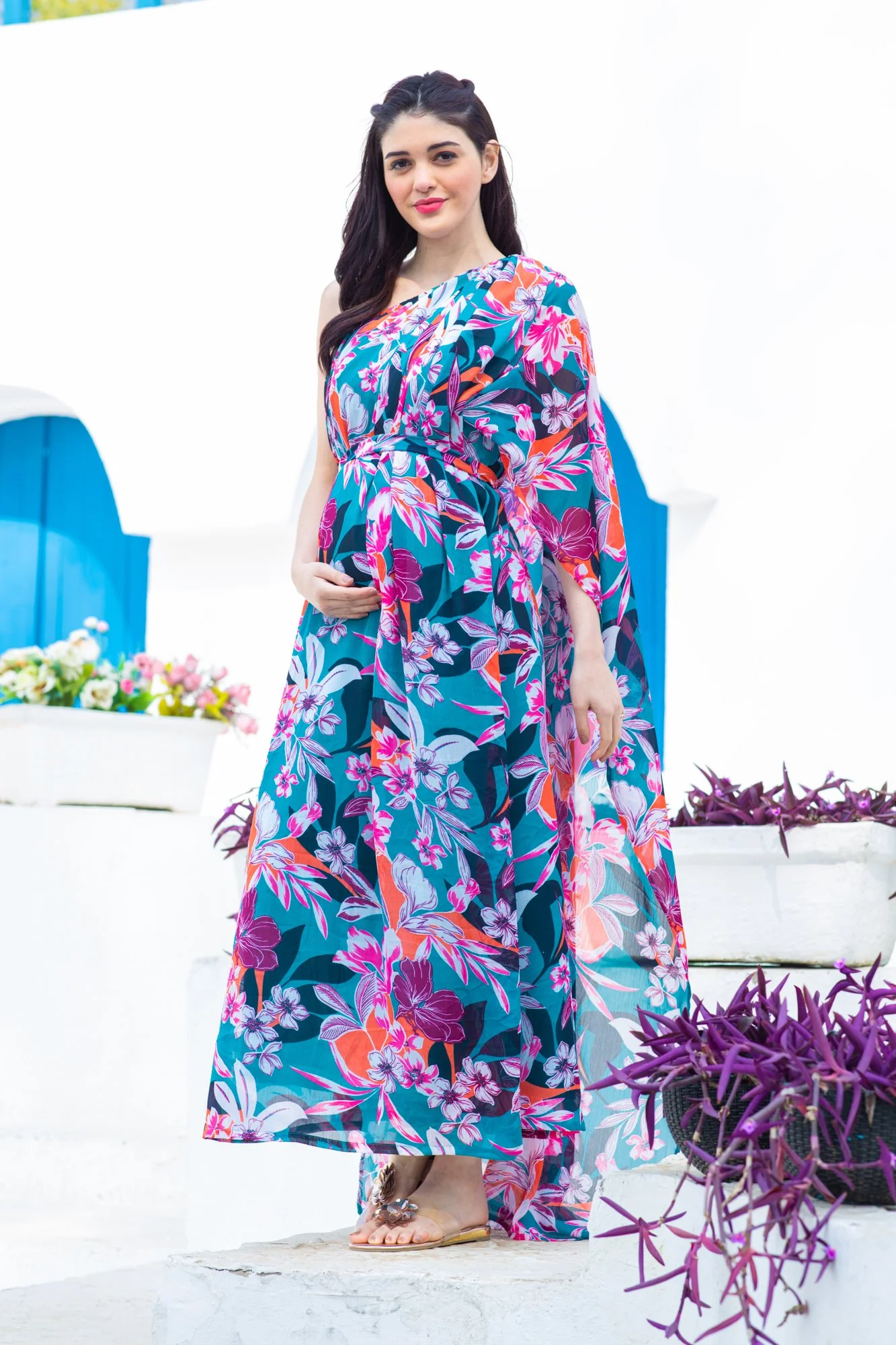 Luxe Chiffon One Shoulder Floral Maternity Gown - Chenance