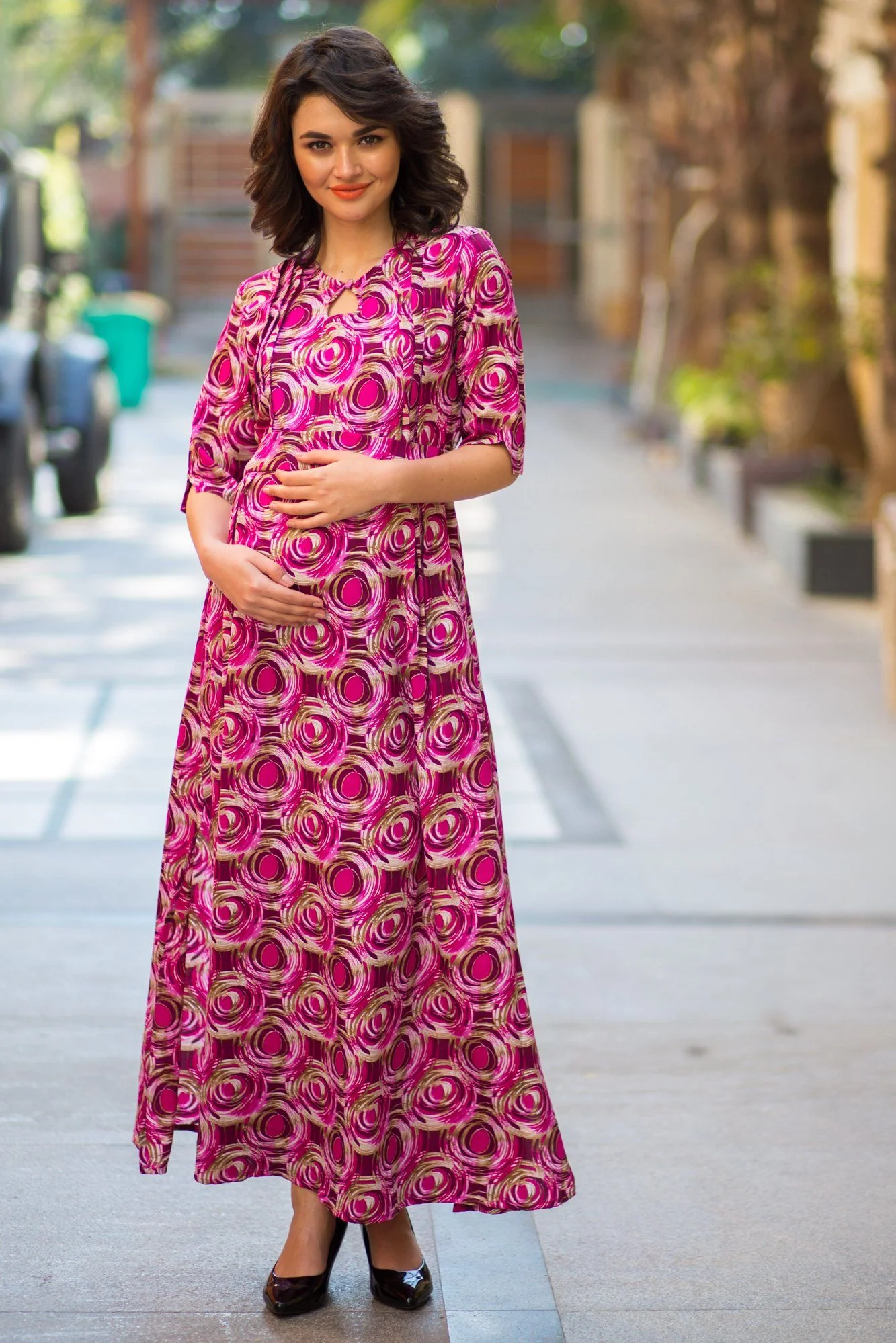 Pink Matte Side Slit Maternity & Feeding Dress - Chenance