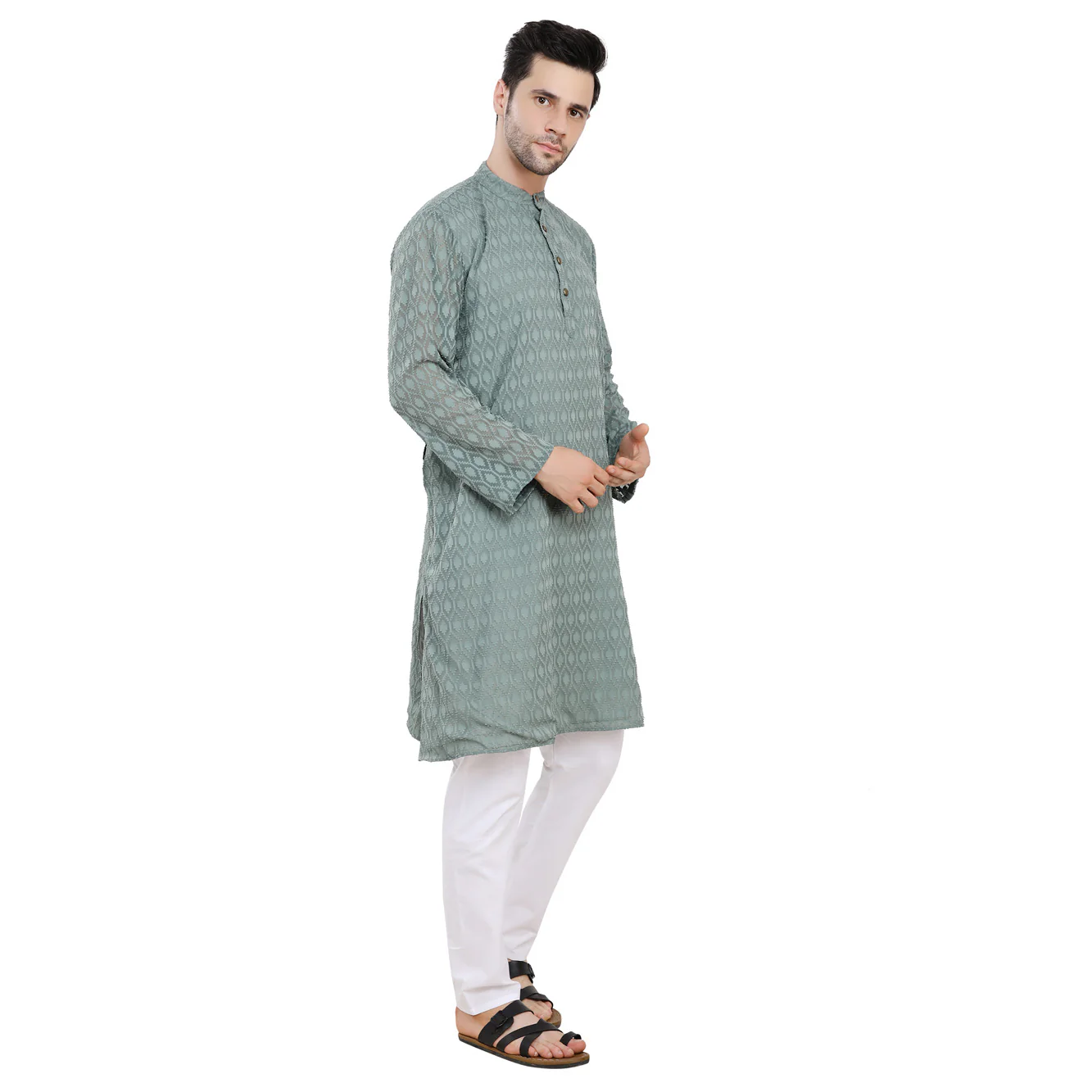 Men Classic Textured Grey Kurta - Chenance