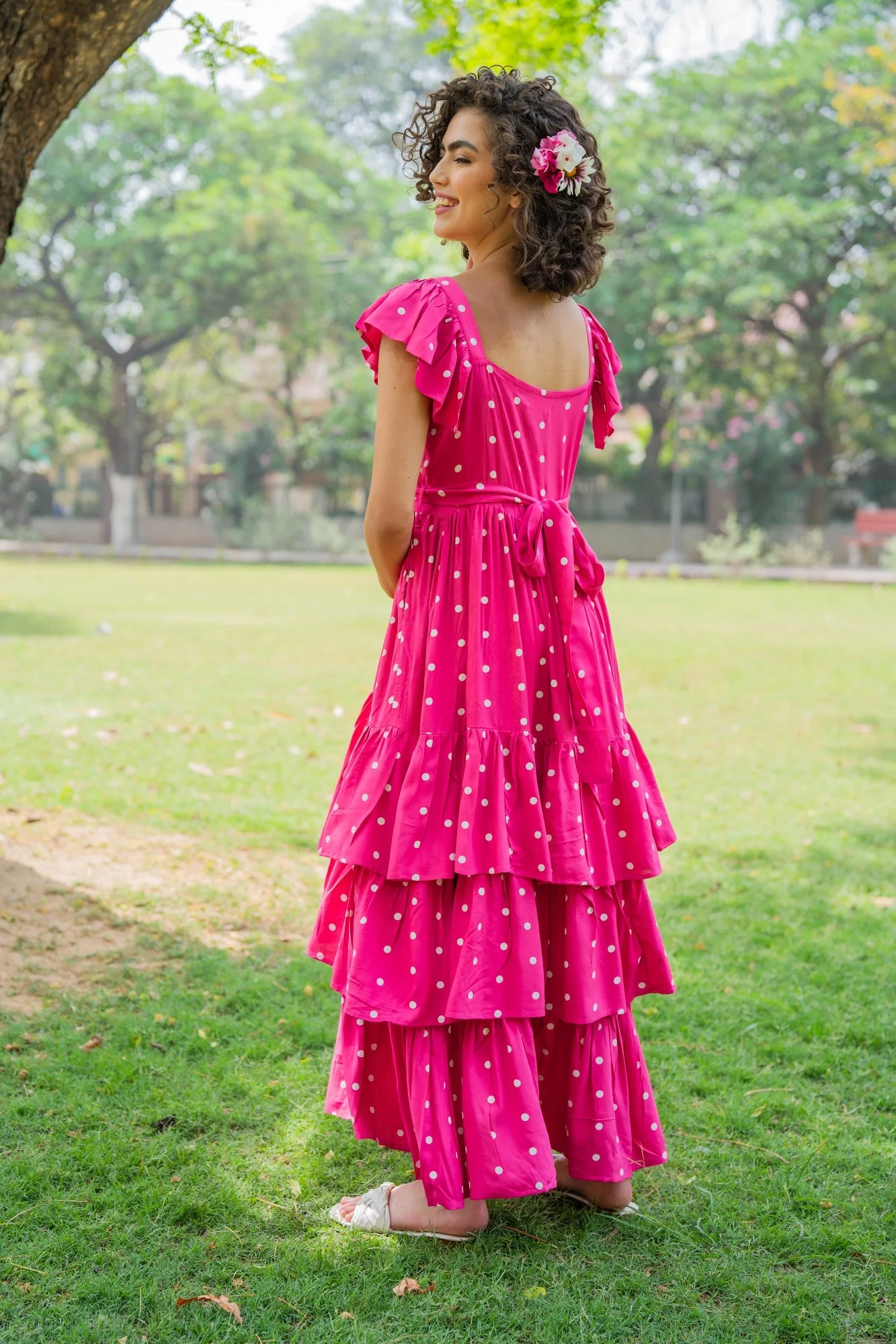 Lovable Fuchsia Baby Polka Maternity & Nursing Frill Dress (100% Cotton) - Chenance