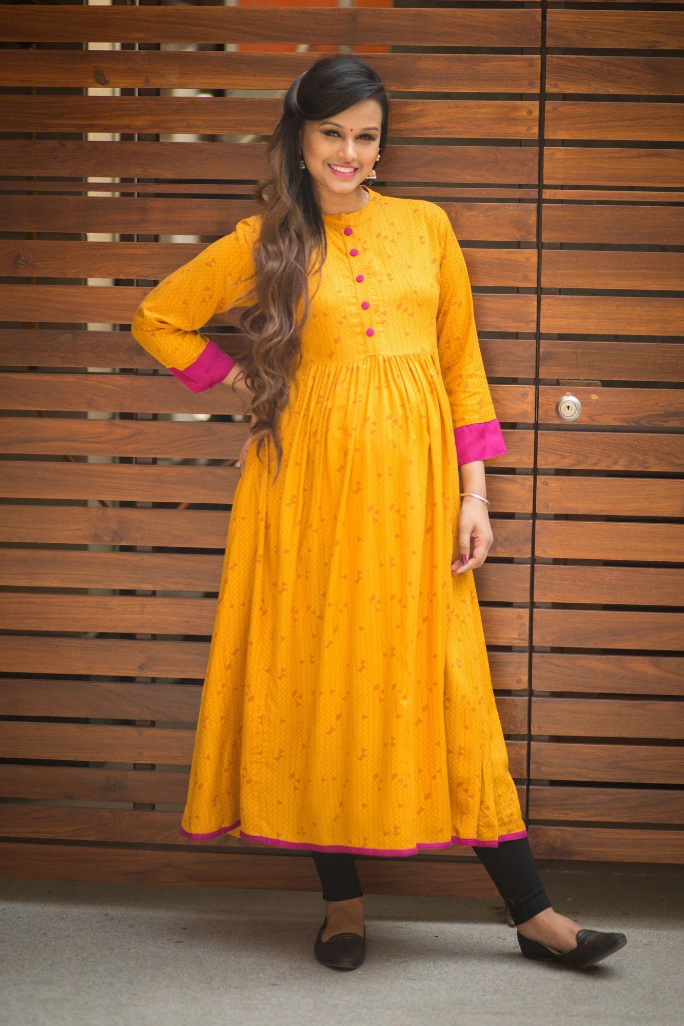 Mustard Yellow & Fuscia Long Maternity & Nursing Kurta - Chenance