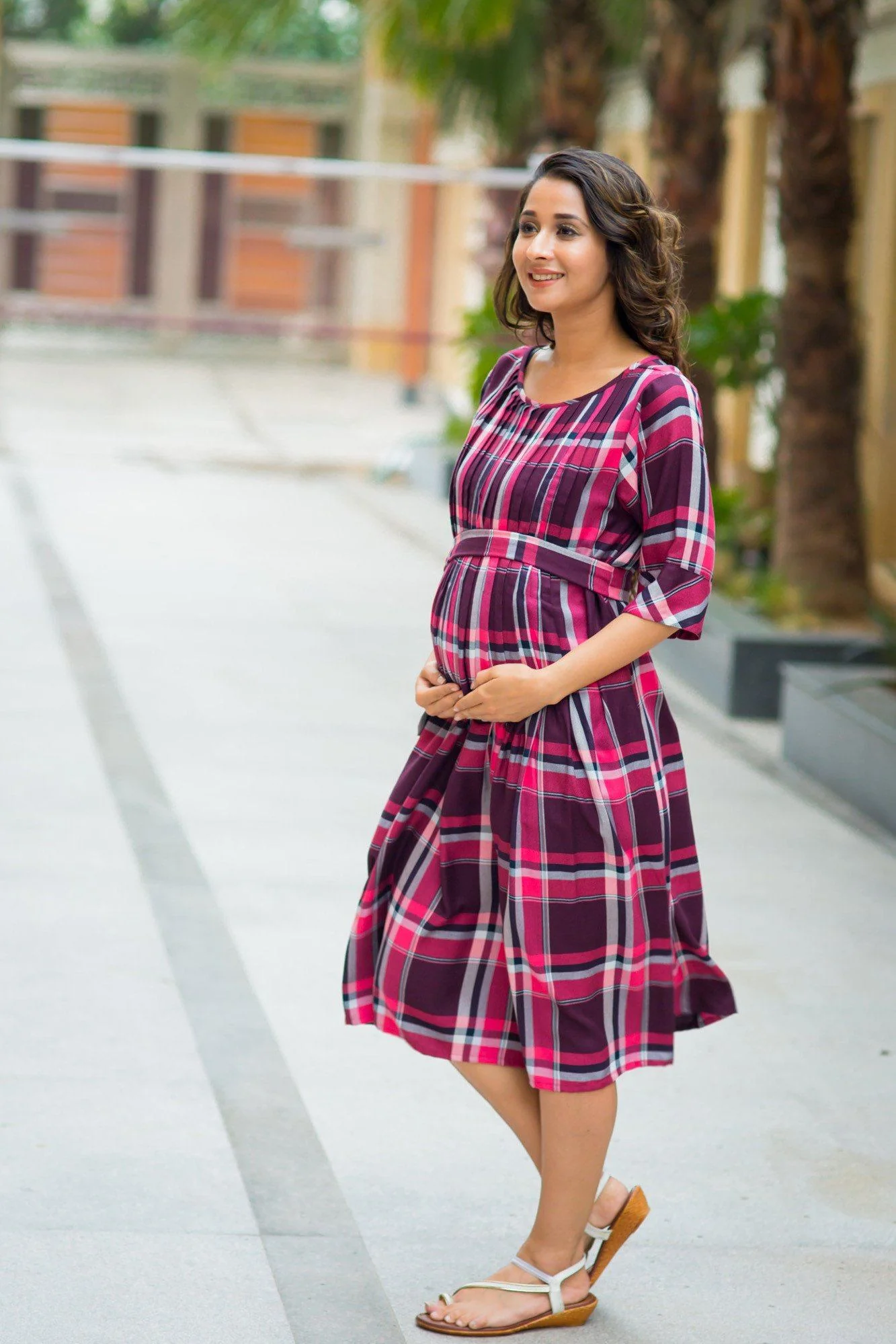 Raspberry Plaid Pintucks Maternity & Nursing Dress - Chenance