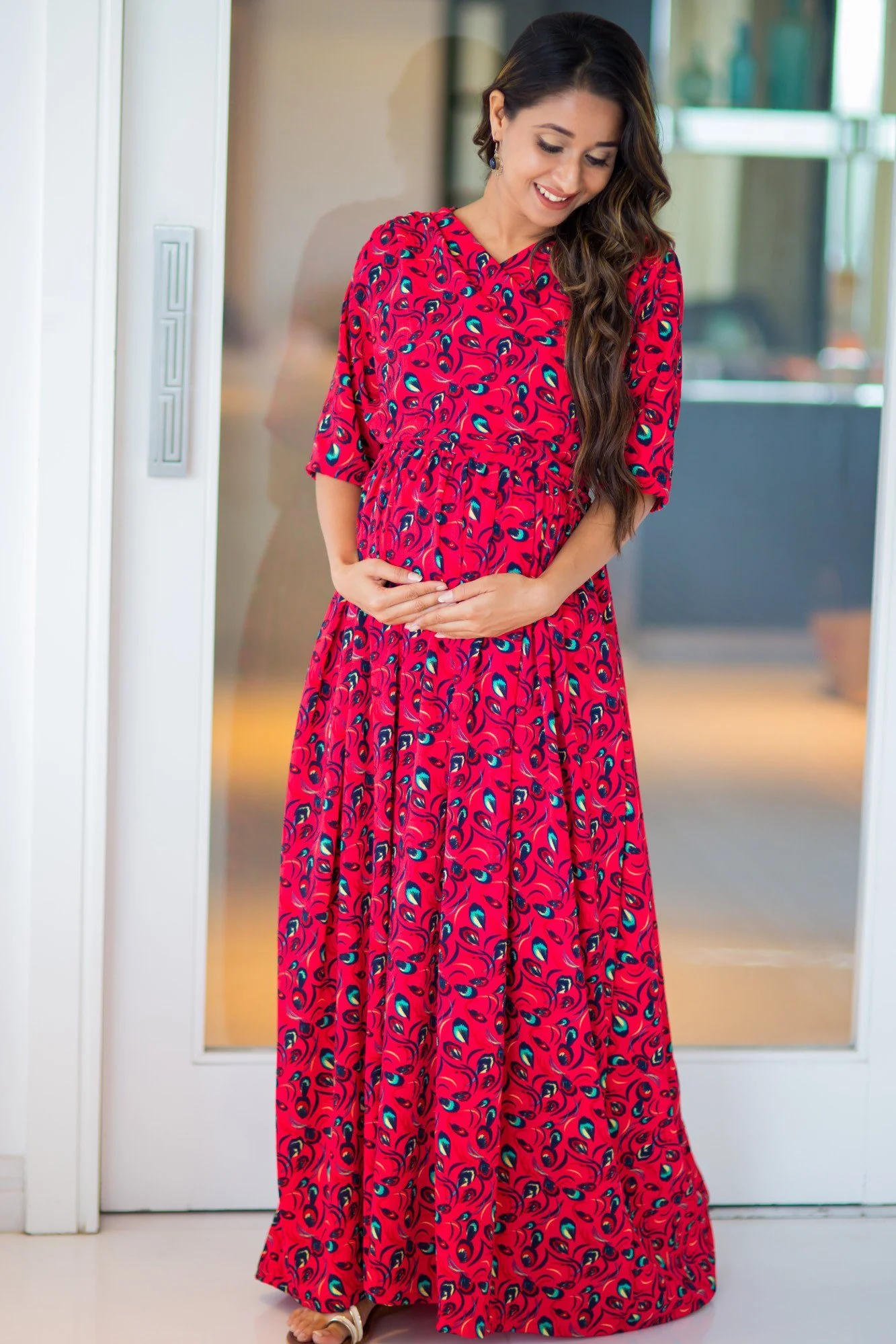 Bubble Crepe Chic Red Maternity & Nursing Wrap Dress - Chenance