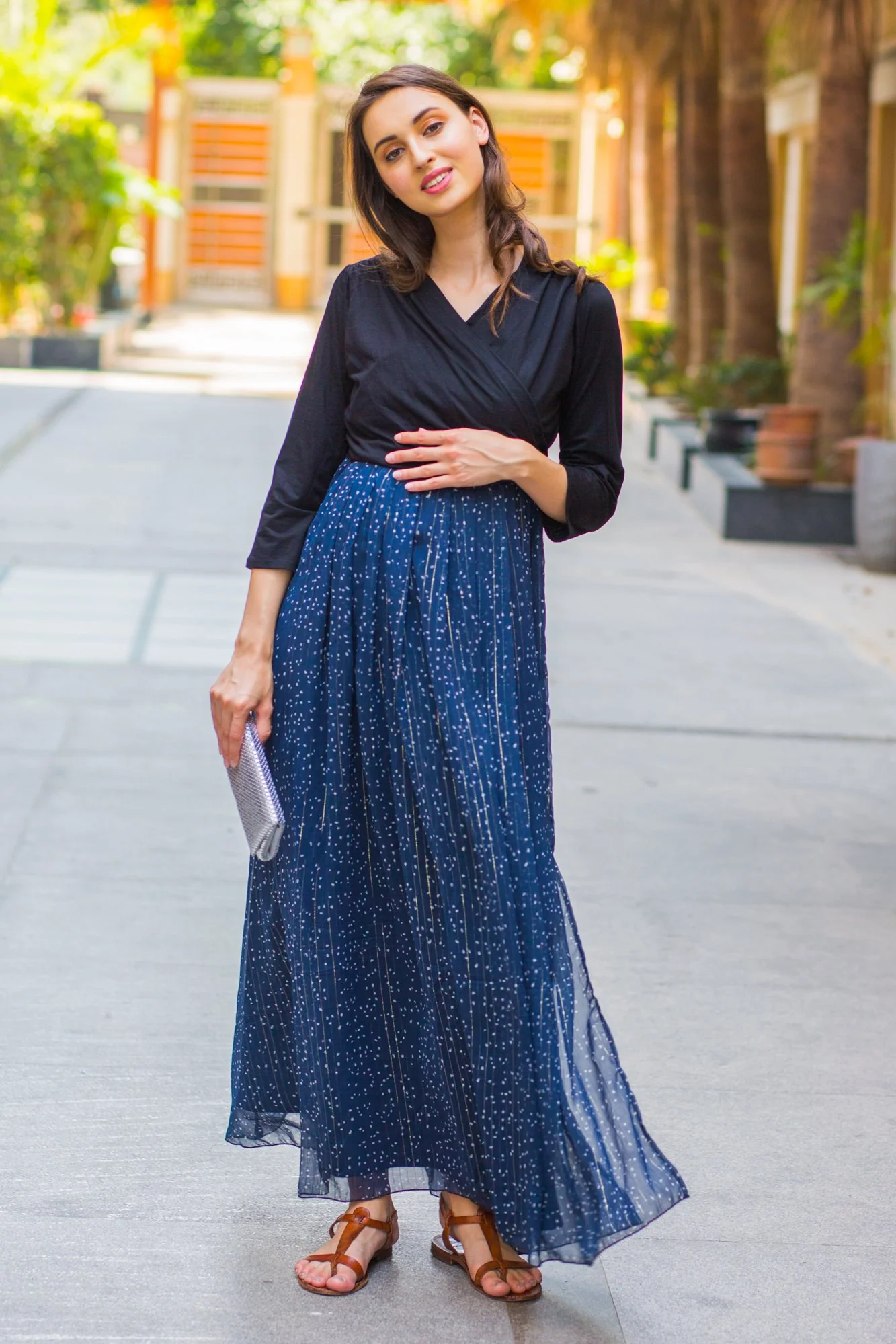 Luxe Blue Chiffon Black Maternity & Nursing Wrap Dress - Chenance