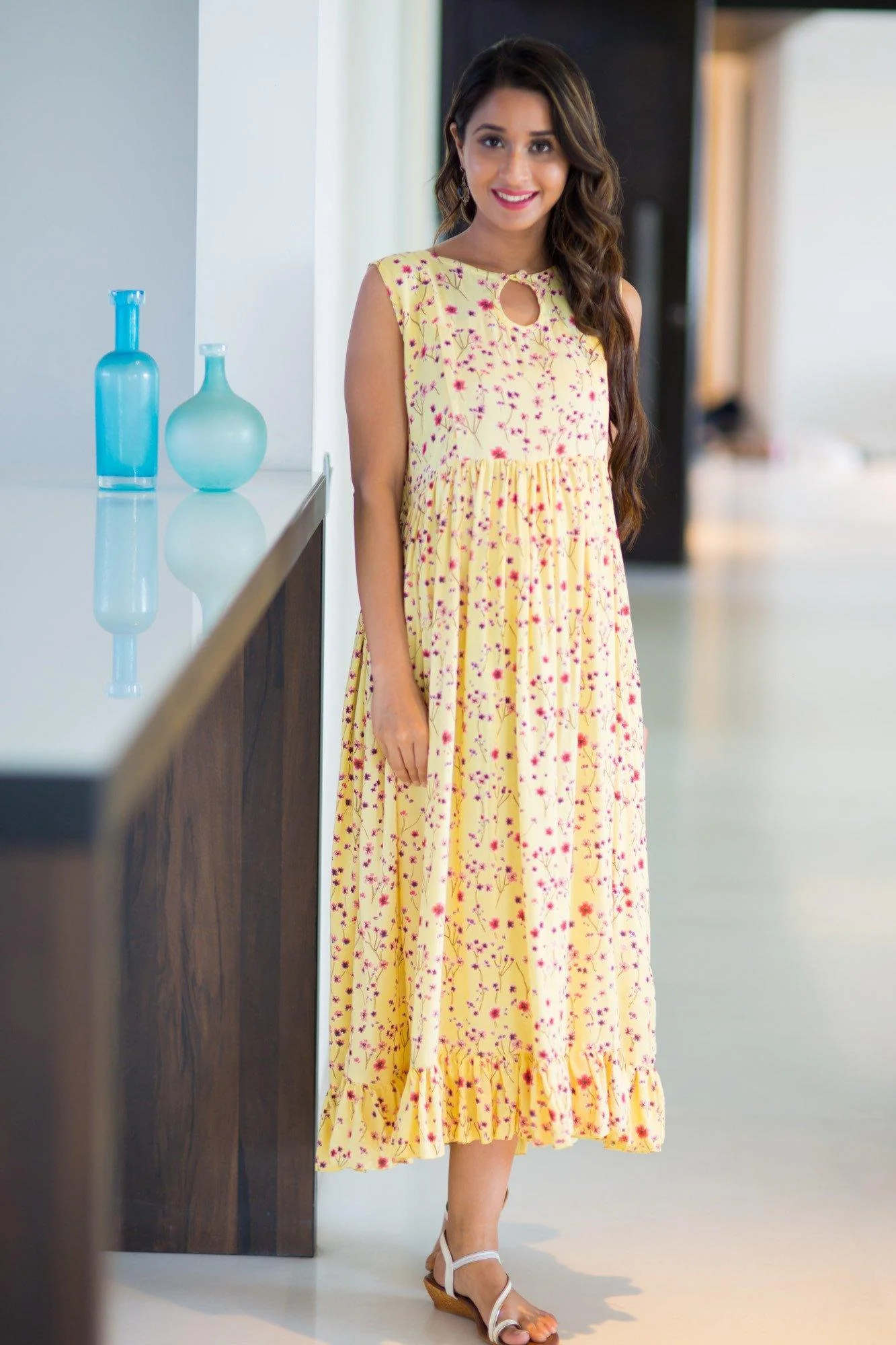 Happy Yellow Frill Concealed Zips Nursing Dress - Chenance