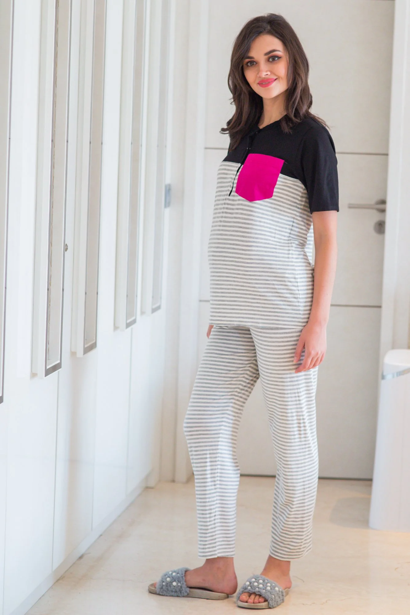 Set of Two - Striped Grey Lounge Maternity & Nursing Pyjamas Set - Chenance