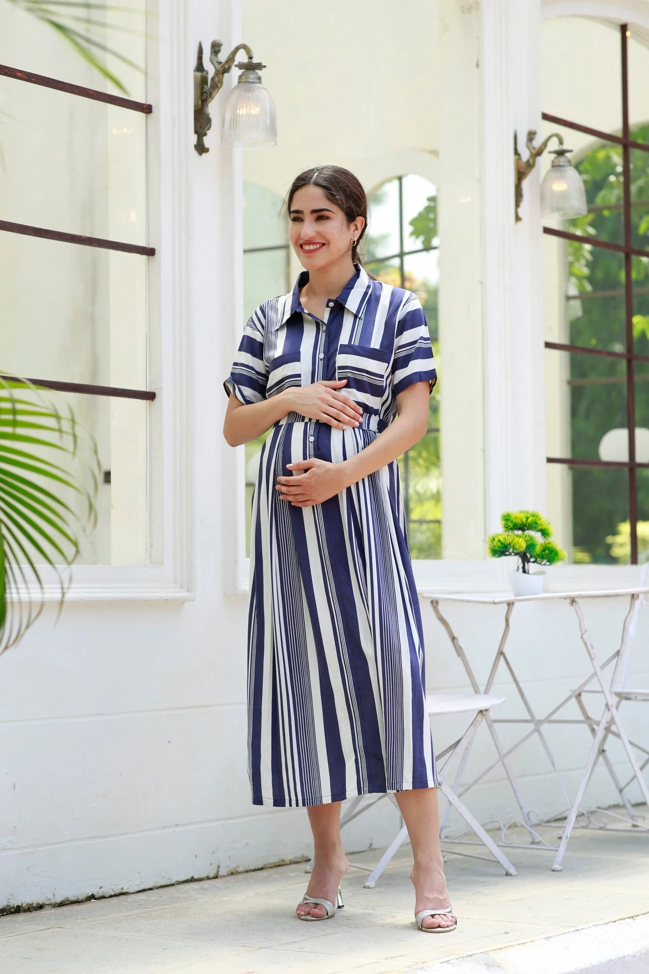 Breezy Navy Blue Striped Maternity & Nursing Dress - Chenance