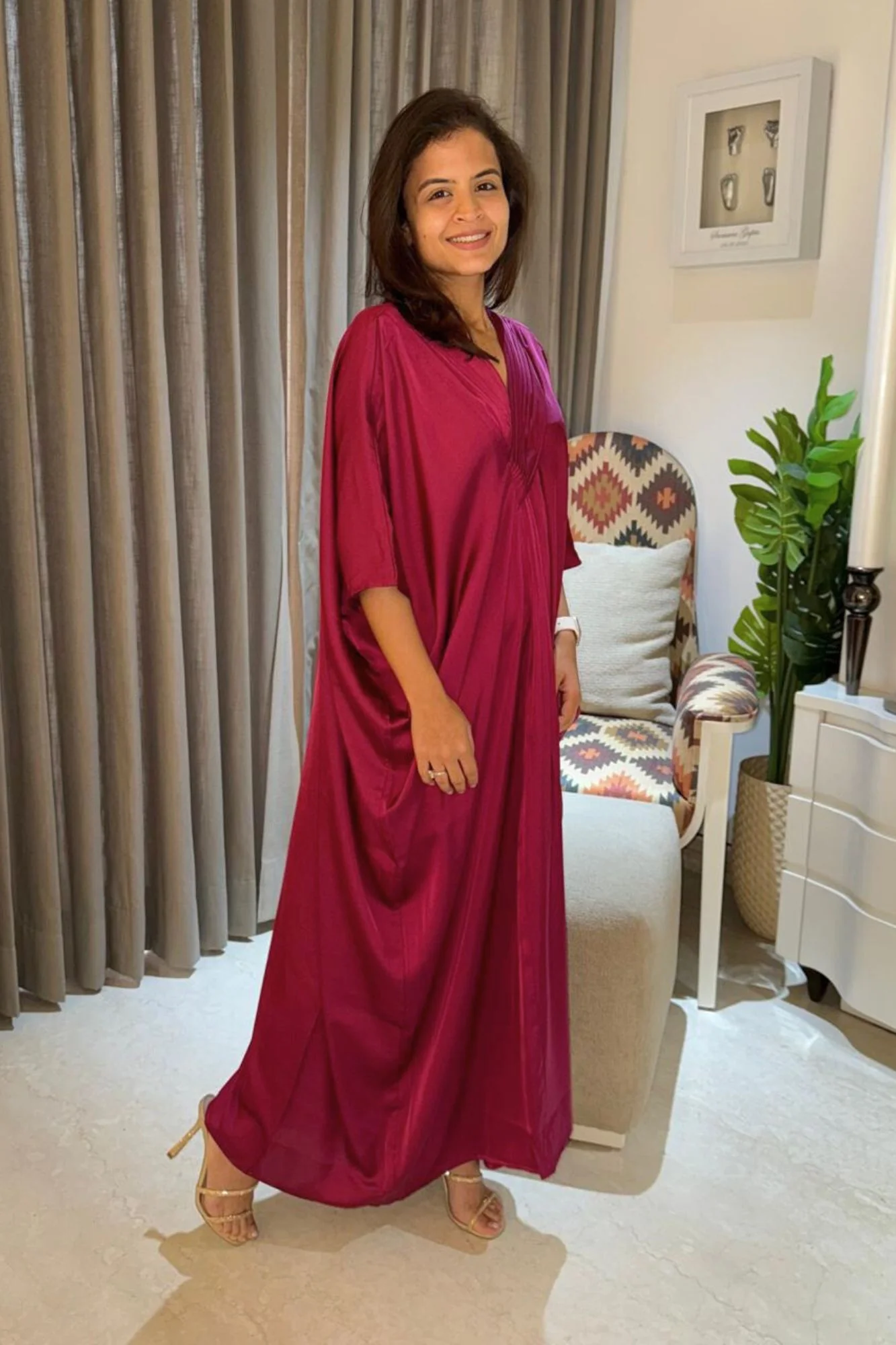 Luxe Hot Pink Satin Maternity Kaftan - Chenance