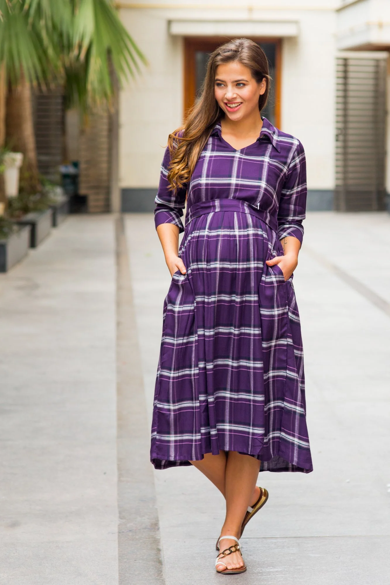 Slick Violet Plaid Maternity & Nursing Button Dress - Chenance