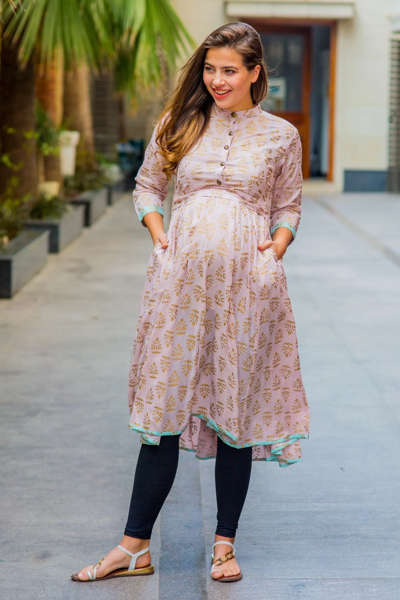Pastel Pink Gold Block Print Silk Maternity & Nursing Kurta - Chenance
