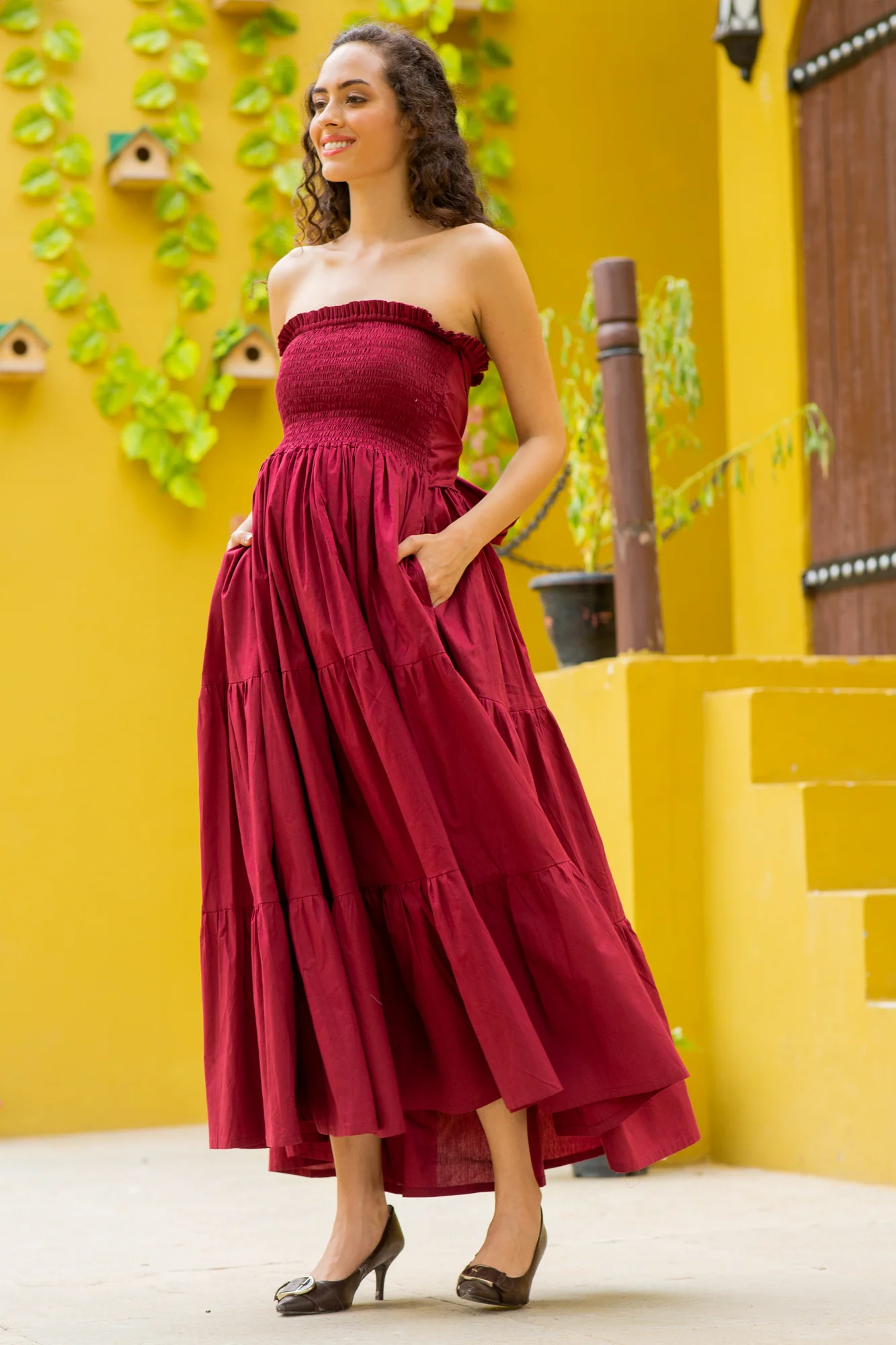 Elegant Rosewood Off Shoulder Maternity Frill Dress (100% Cotton) - Chenance