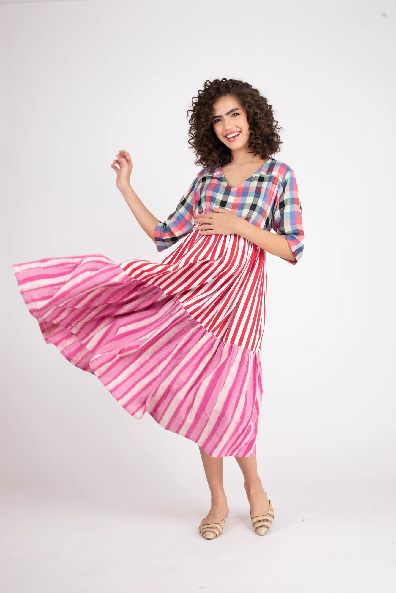 Boho Chic Striped Maternity & Nursing Gathered Dress (100% Cotton) - Chenance