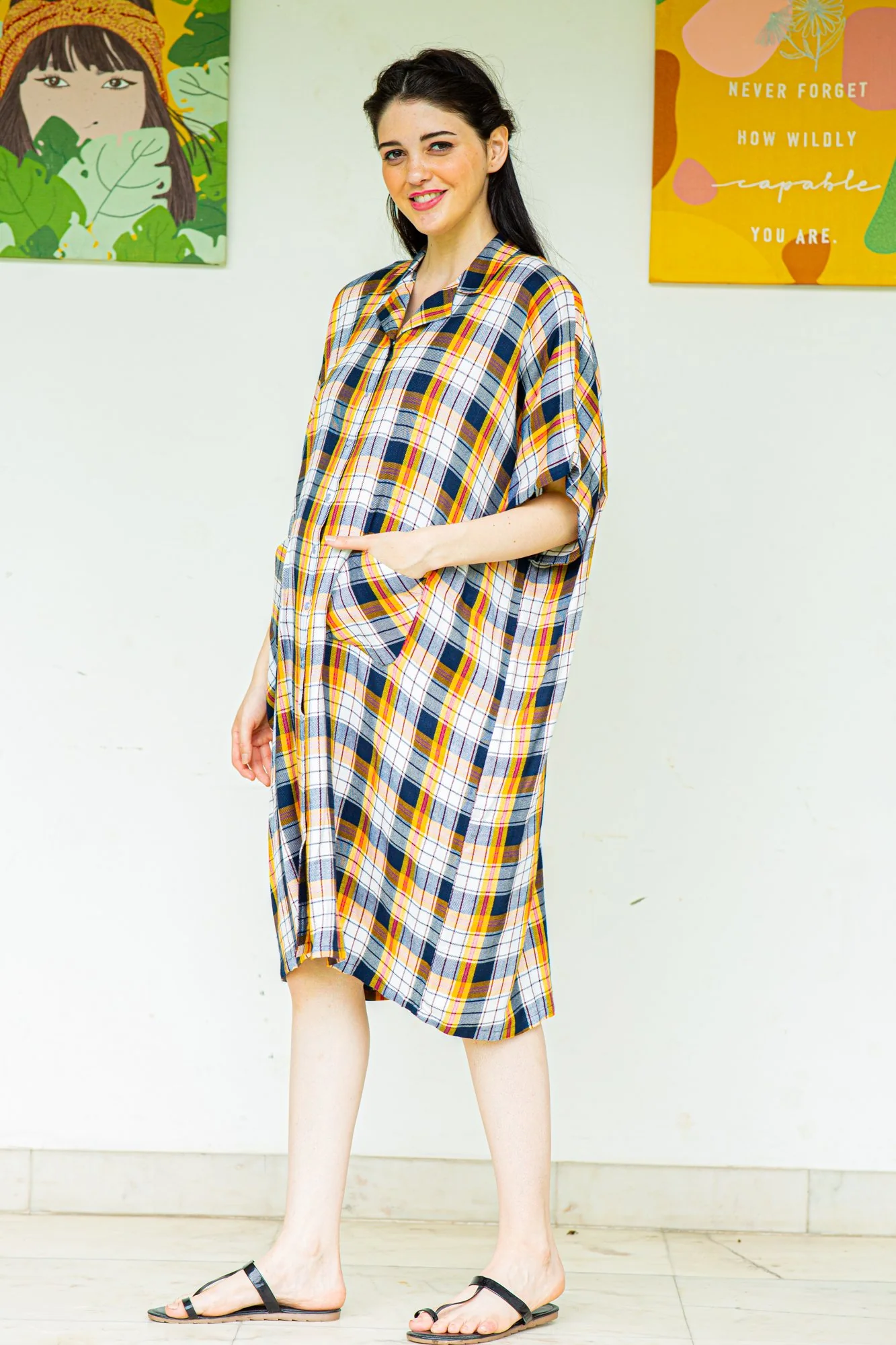 Relaxing Plaid Maternity & Nursing Night Dress - Chenance