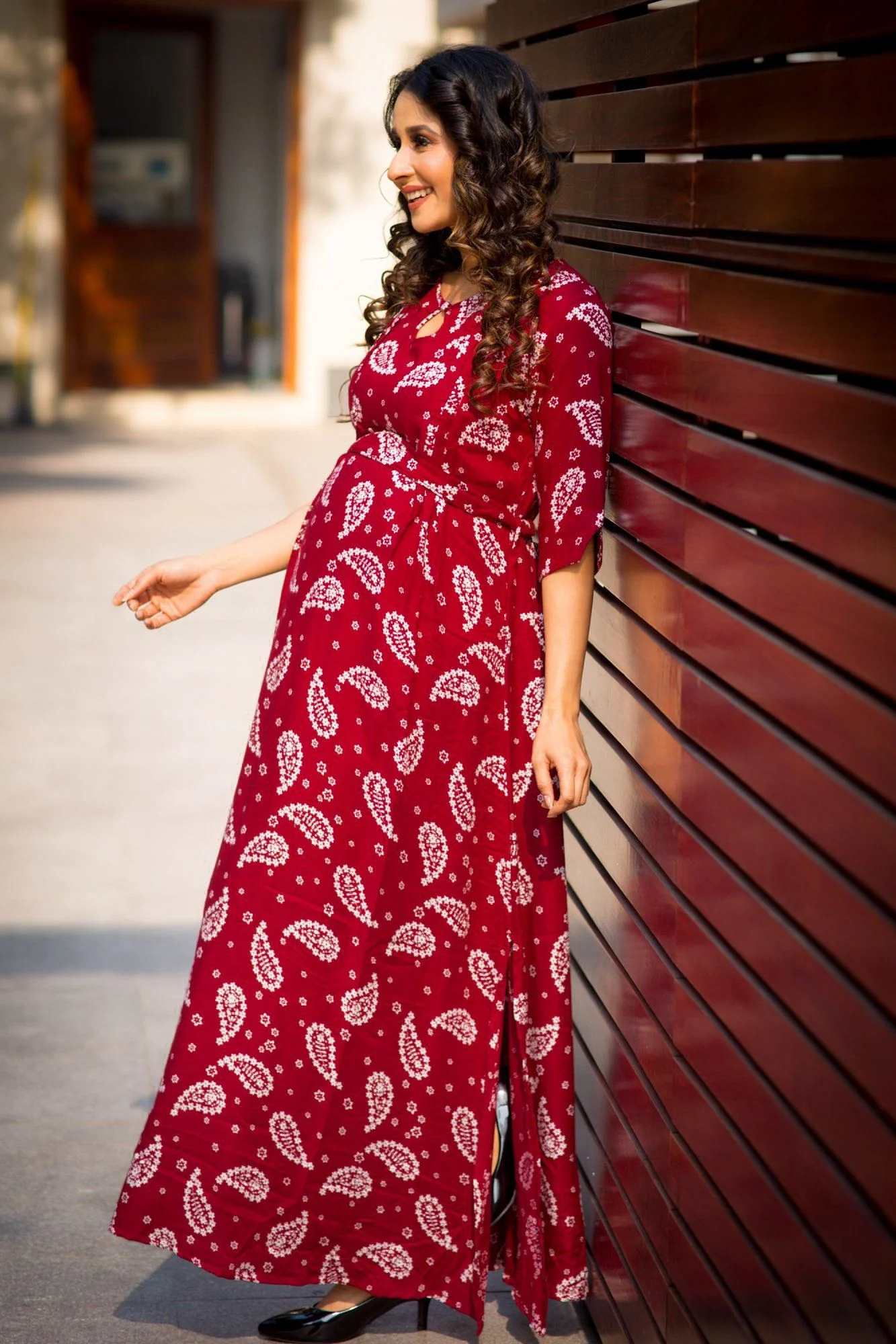 Maroon White Paisley Slit Concealed Zips Maternity & Feeding Dress - Chenance