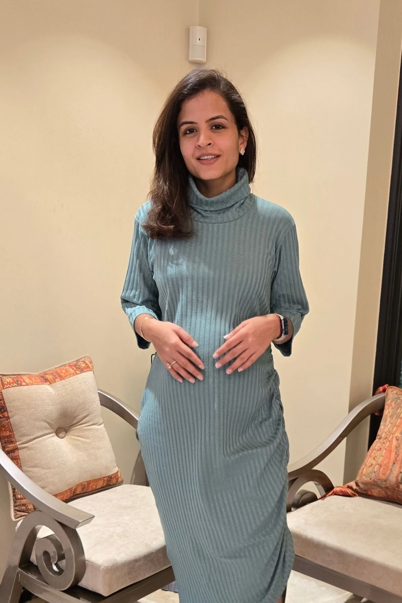 Refined Dusty Teal Ribbed Maternity Fitted Winter Dress - Chenance