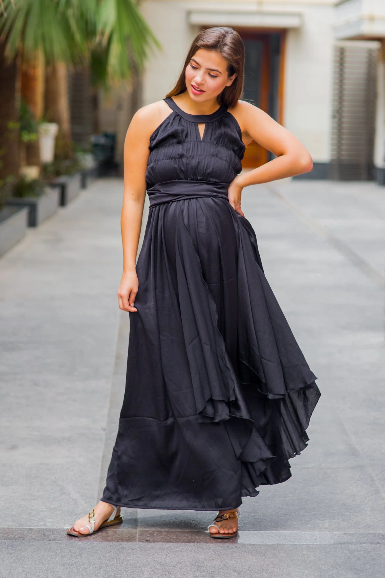 Luxe Noir Ruching Maternity Flow Dress - Chenance