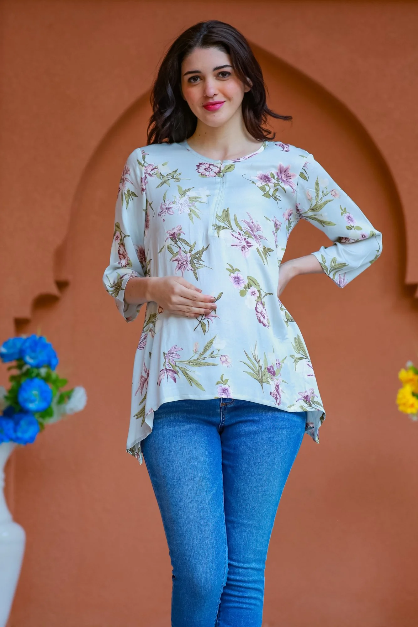 Mint Floral Viscose Maternity & Nursing Top - Chenance