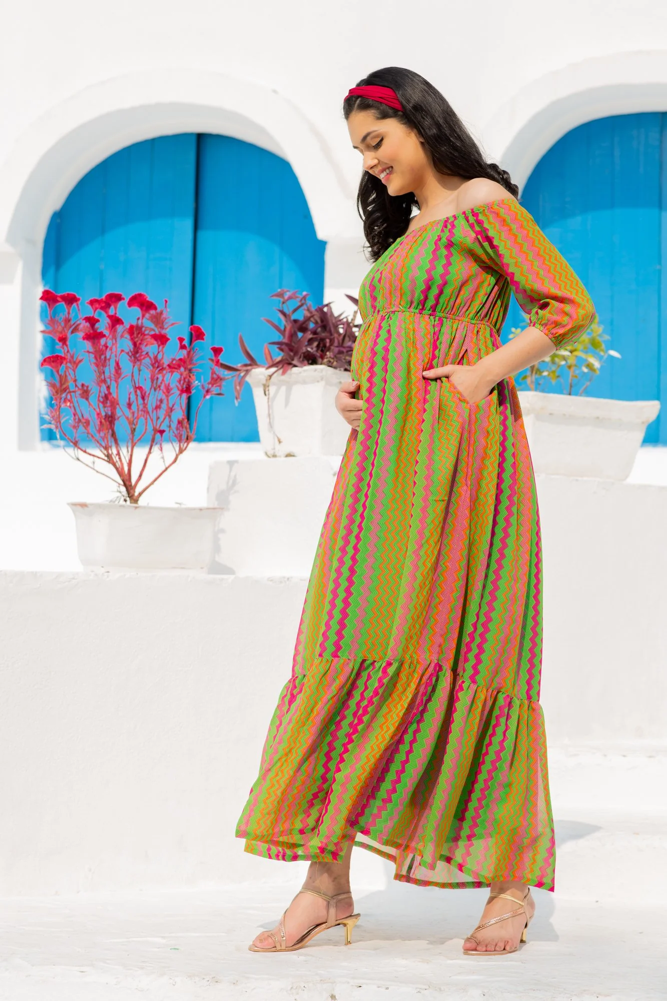 Flowy Dual Off-Shoulder Boat Neck Maternity & Nursing Maxi Dress - Chenance