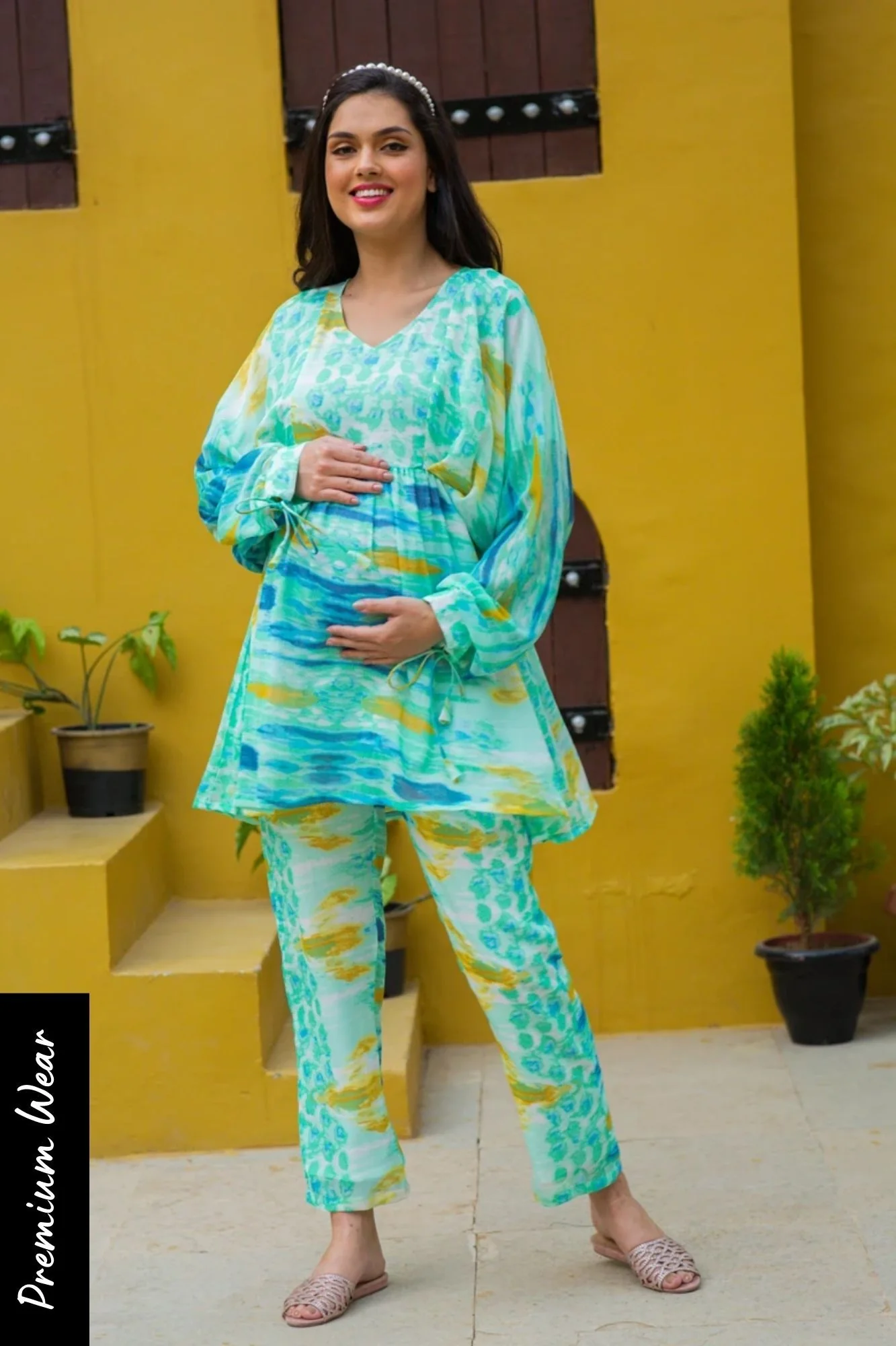 Luxe Aqua Tie & Dye Maternity & Nursing Lounge Coord Set (2 pc) - Chenance
