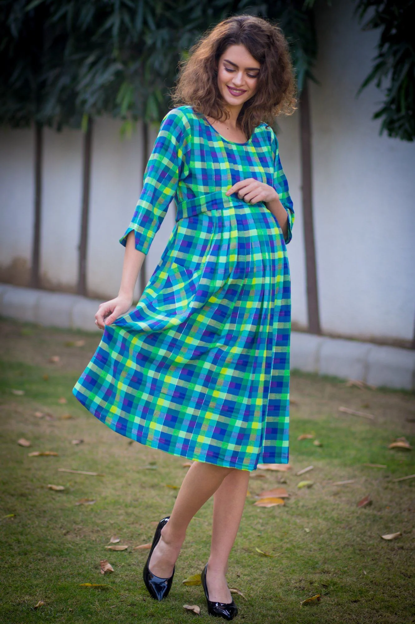 Lime Splash Plaid Pintucks Nursing Dress - Chenance